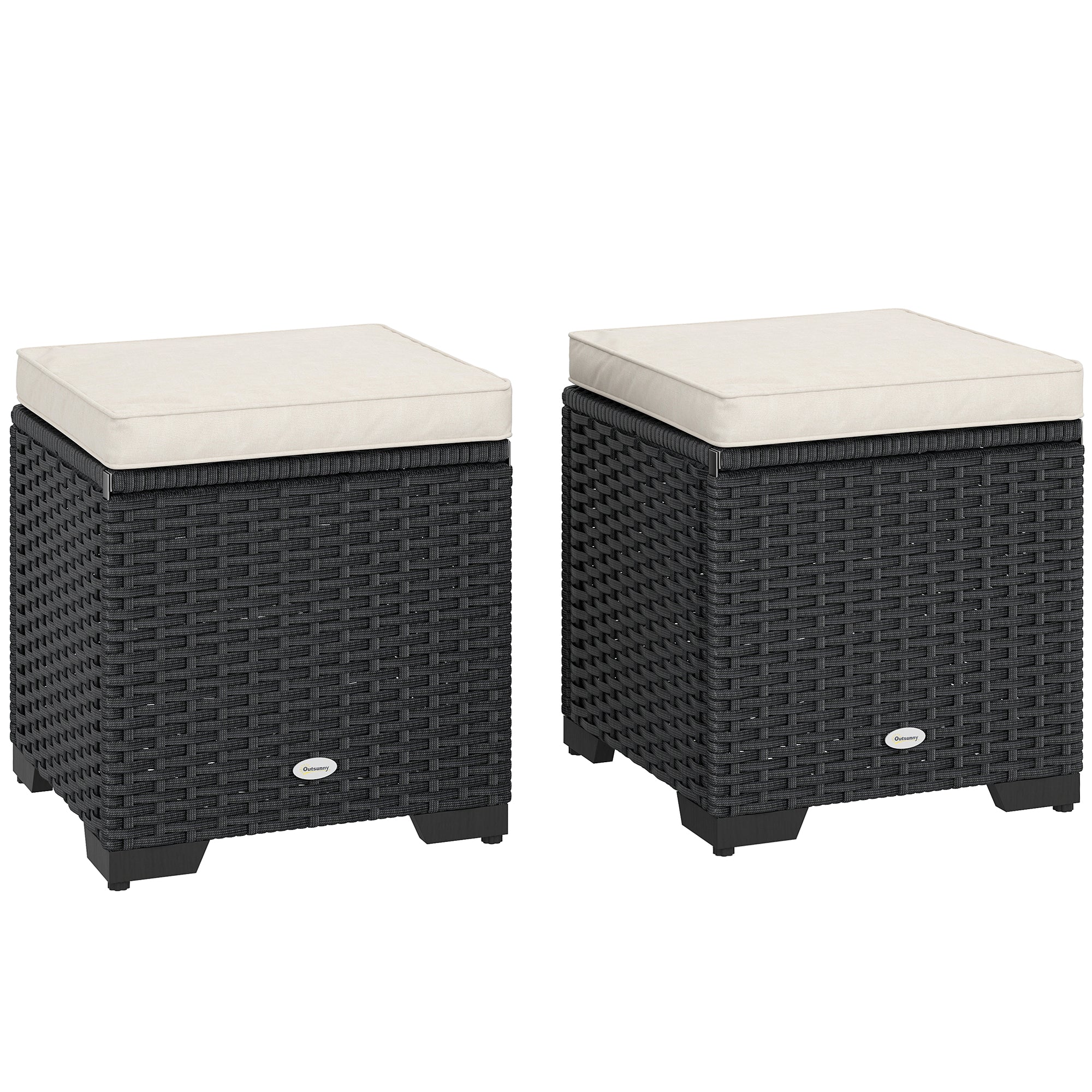 Outsunny Set of 2 Rattan Storage Ottoman, Outdoor Footstool with Removable Cushions, Garden Storage Seat for Balcony, Porch, Living Room, Cream