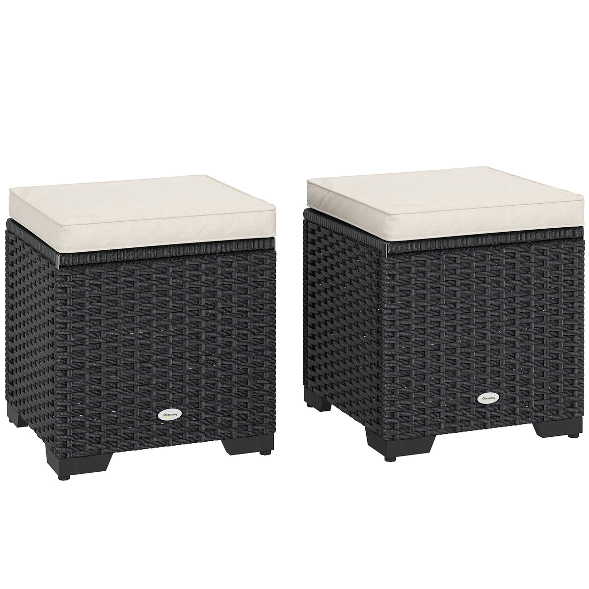 Outsunny Set of 2 Rattan Storage Ottoman, Outdoor Footstool with Removable Cushions, Garden Storage Seat for Balcony, Porch, Living Room, Cream