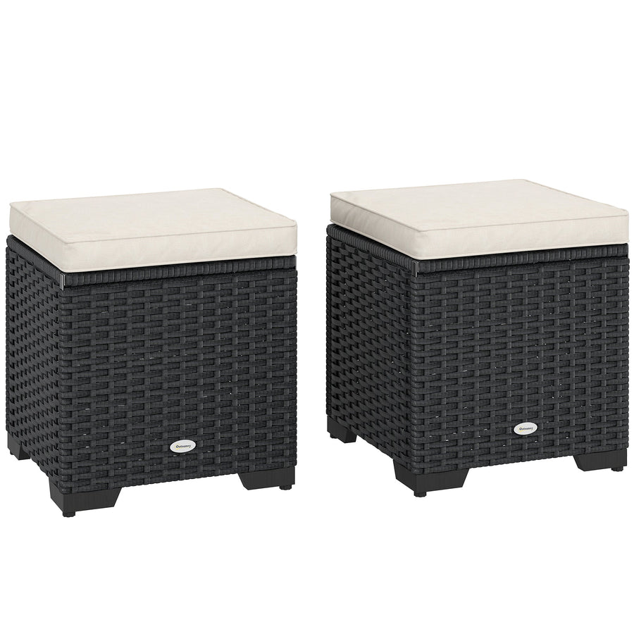 Outsunny Set of 2 Rattan Storage Ottoman, Outdoor Footstool with Removable Cushions, Garden Storage Seat for Balcony, Porch, Living Room, Cream