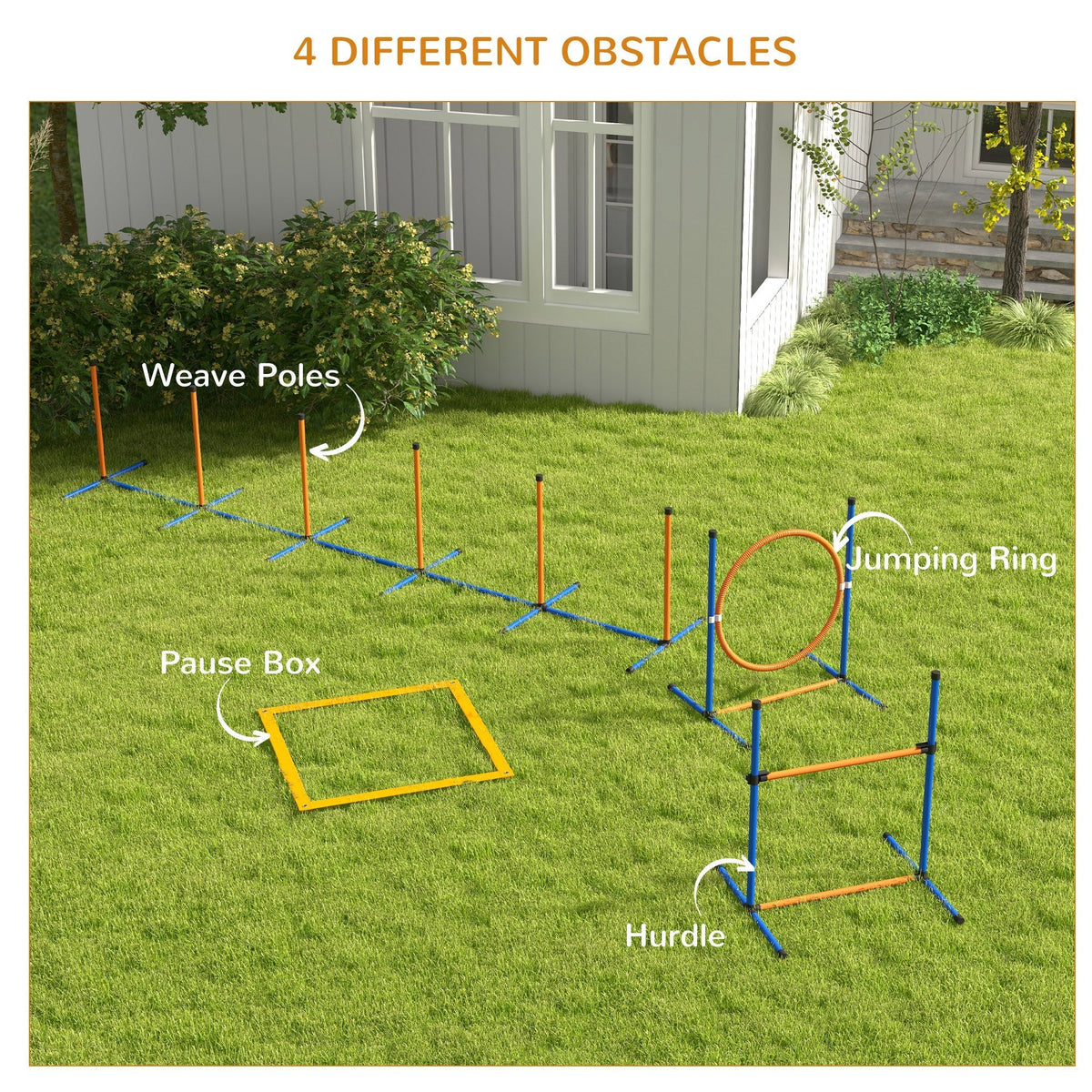PawHut Dog Agility Training Equipment with Weave Poles, Jump Ring, Pause Box, Adjustable Hurdle, Carry Bag, Orange