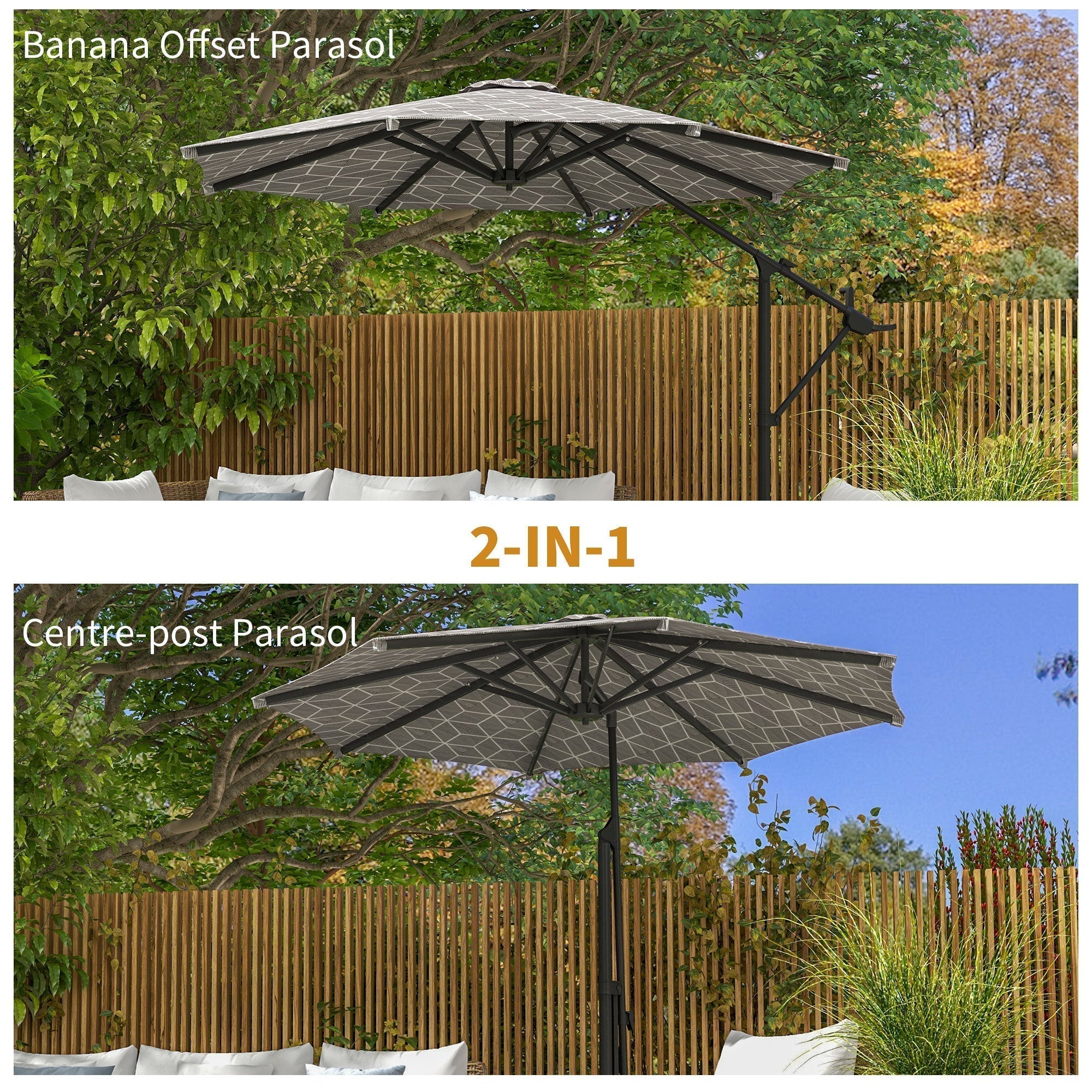 Outsunny 3(m) Convertible Cantilever Parasol and Centre-post Garden Parasol with Cross Base, 360  Rotation Banana Parasol with Crank Handle and 8 Ribs, Hanging Patio Umbrella, Black and White