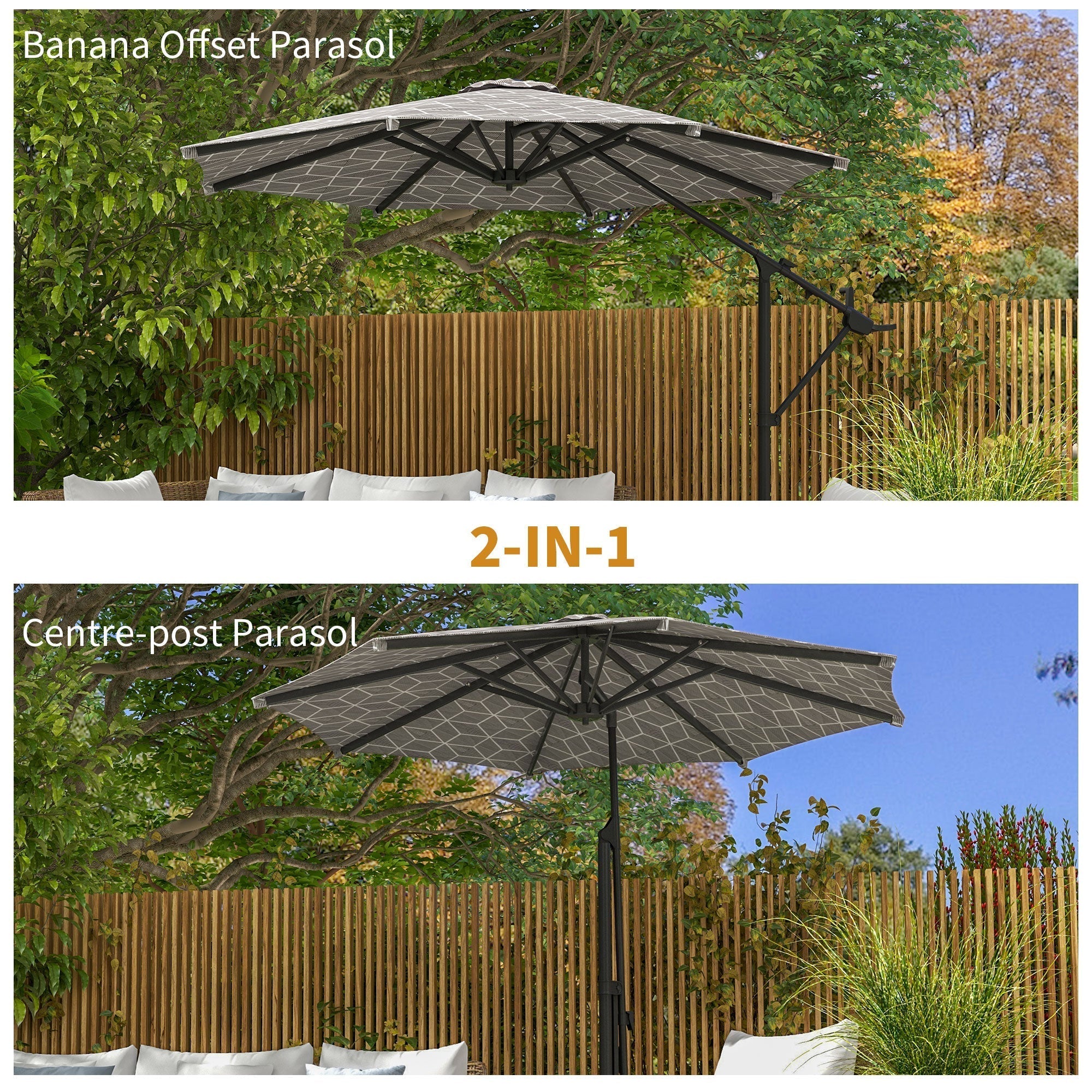 Outsunny 3(m) Convertible Cantilever Parasol and Centre-post Garden Parasol with Cross Base, 360 degrees Rotation Banana Parasol with Crank Handle and 8 Ribs, Hanging Patio Umbrella, Black and White