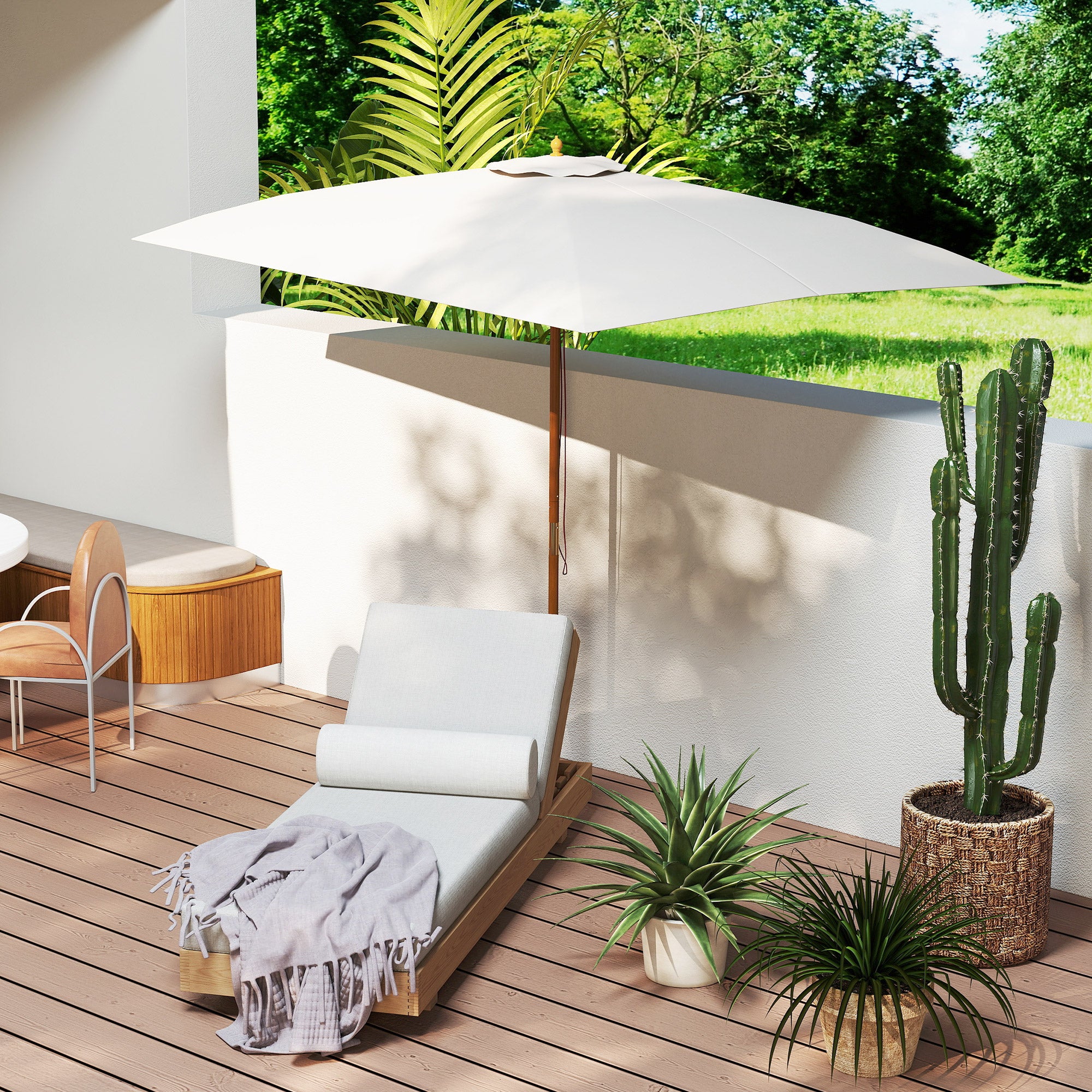 Outsunny 2 x 3m Wooden Garden Parasol Umbrella Outdoor Sun Shade Canopy, Cream White