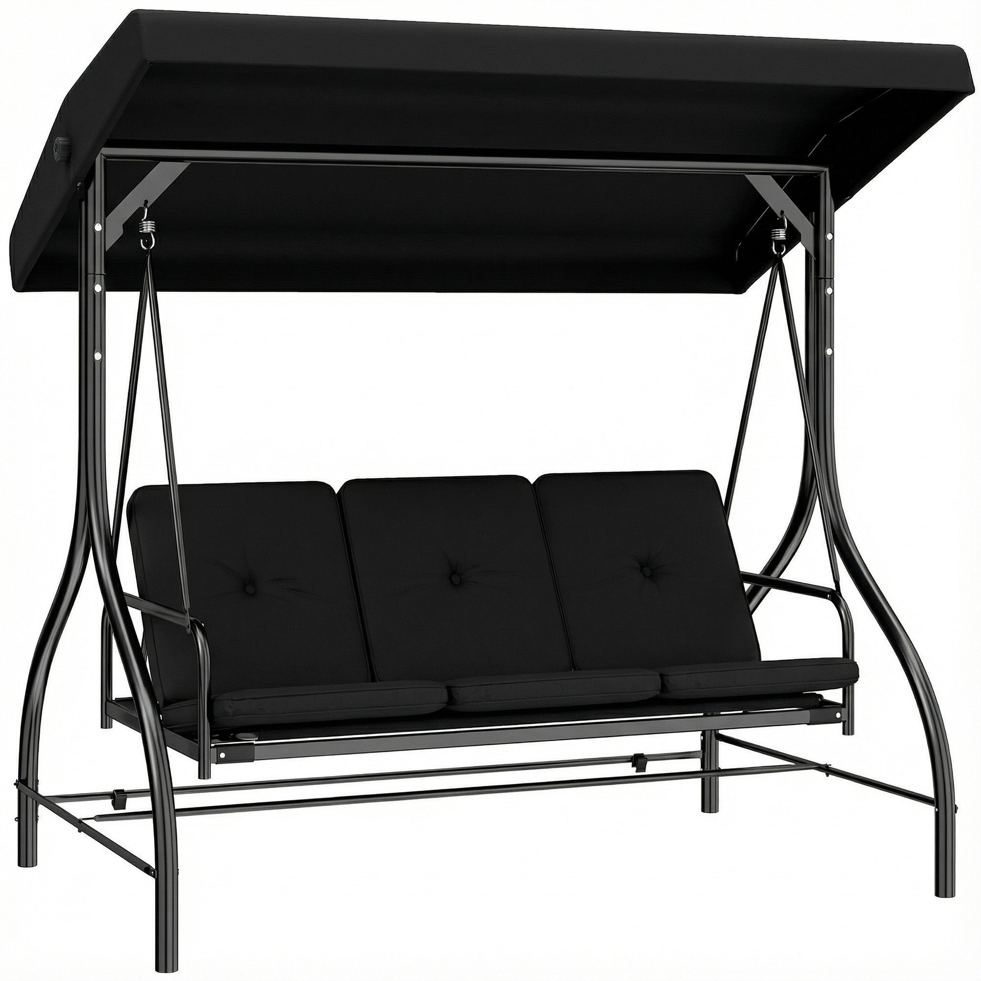 Outsunny 3 Seater Canopy Swing Chair, 2 in 1 Garden Swing Seat Bed, with Adjustable Canopy and Metal Frame, Black
