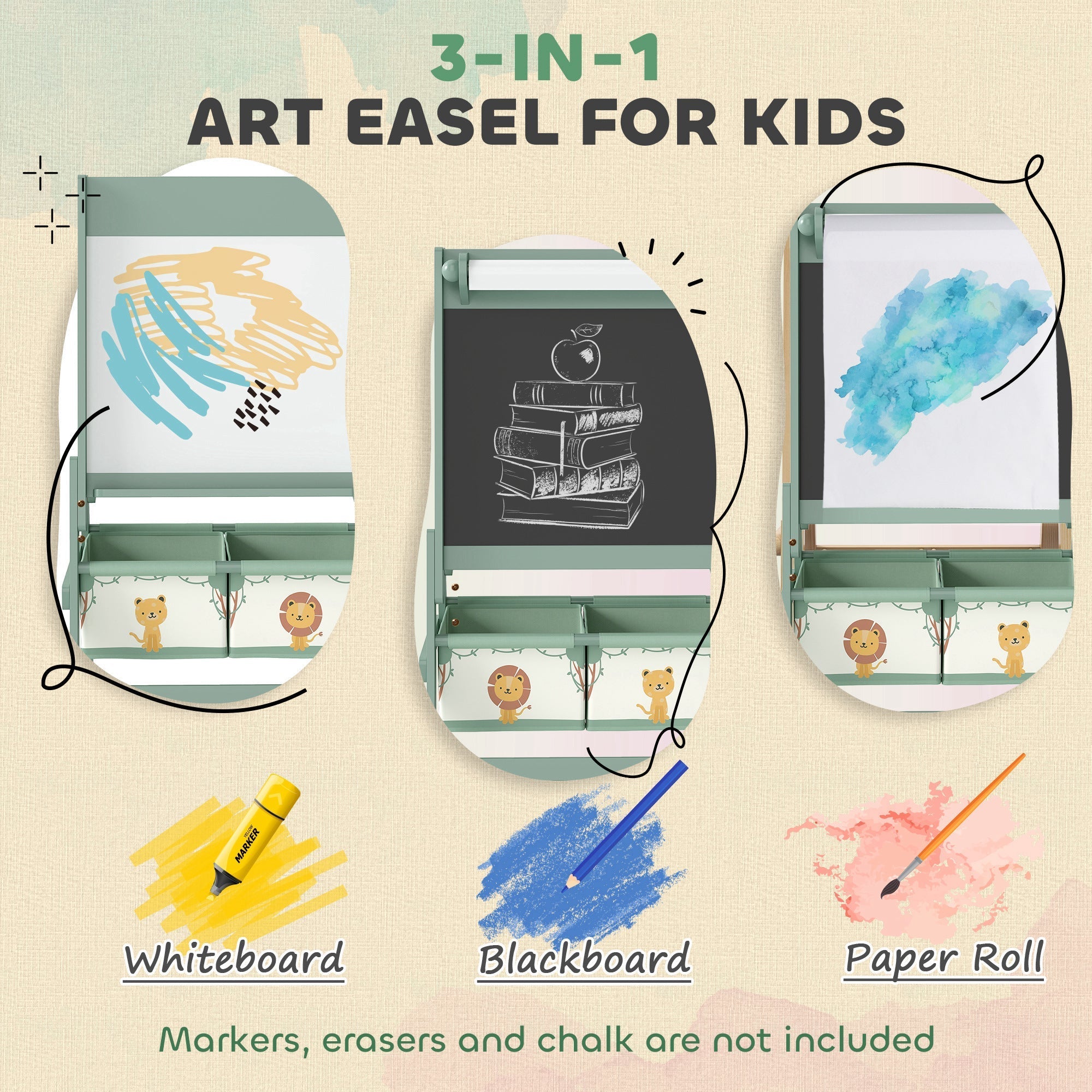 AIYAPLAY Art Easel for Kids, Double-Sided Whiteboard/Blackboard with Paper Roll, Two Storage Boxes, for Ages 3-8 Years, Green