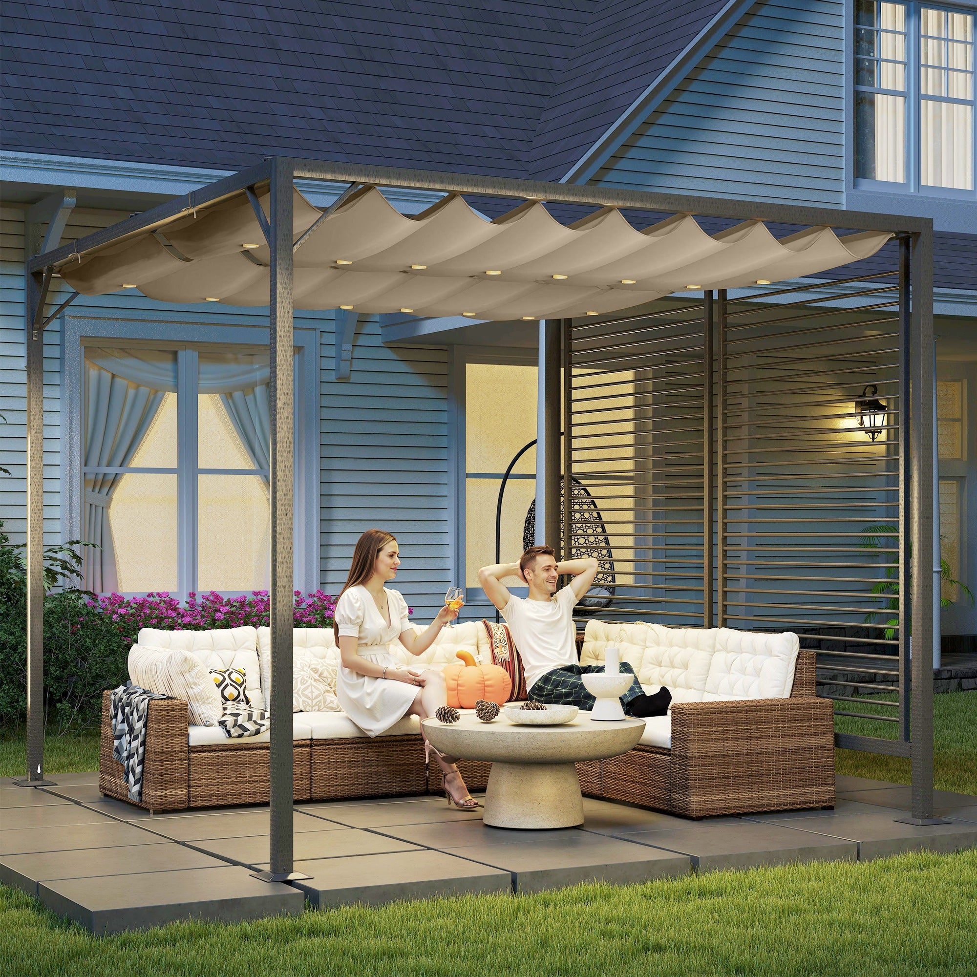 Outsunny 3 x 2.8m Metal Pergola, with Retractable Fabric Roof - Beige