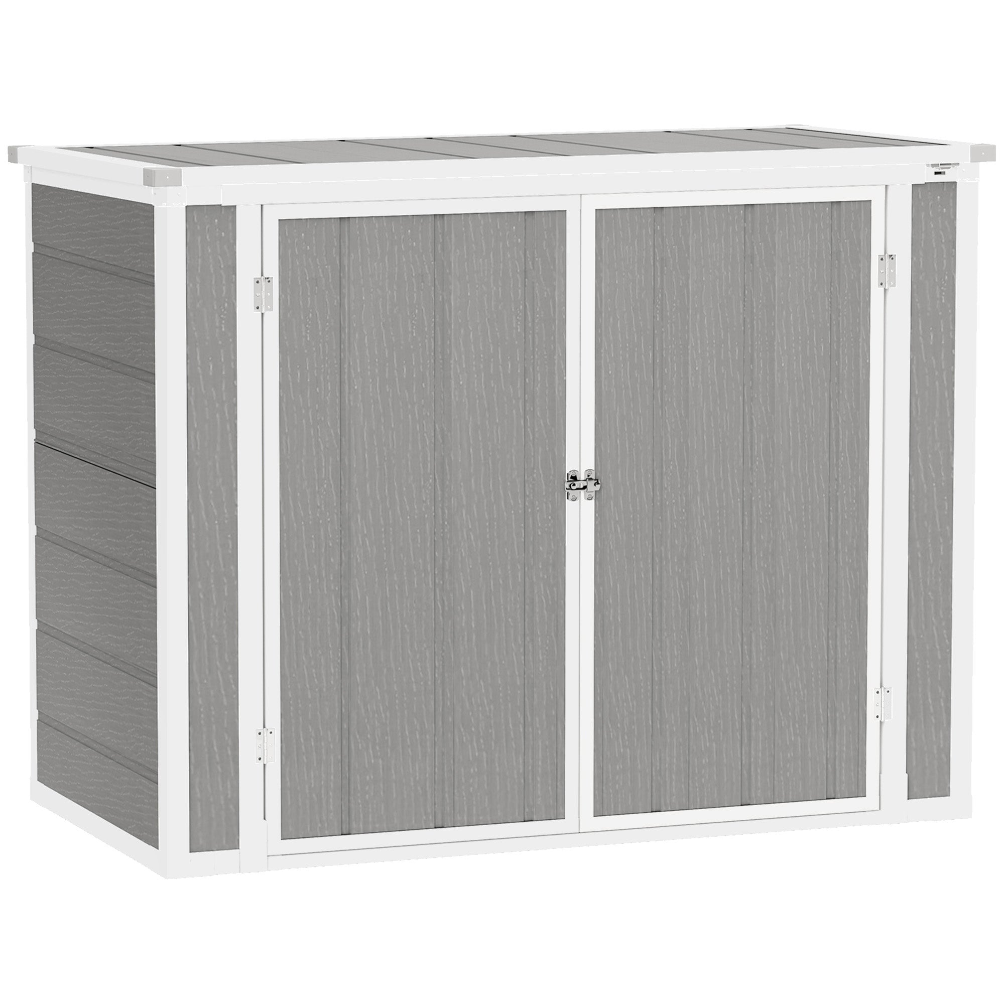 Outsunny 4.7 x 2.5FT Garden Shed, Double Bin Storage Shed with Lockable Doors, Outdoor Small Shed with Openable Lid for 2 Trash Cans, Garden Tools, Grey