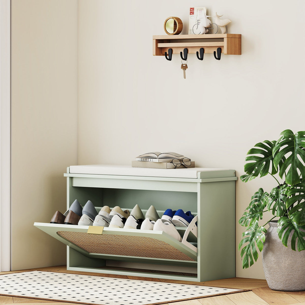HOMCOM Boho Shoe Bench with Padded Seat and Flip-Drawer - Light Green