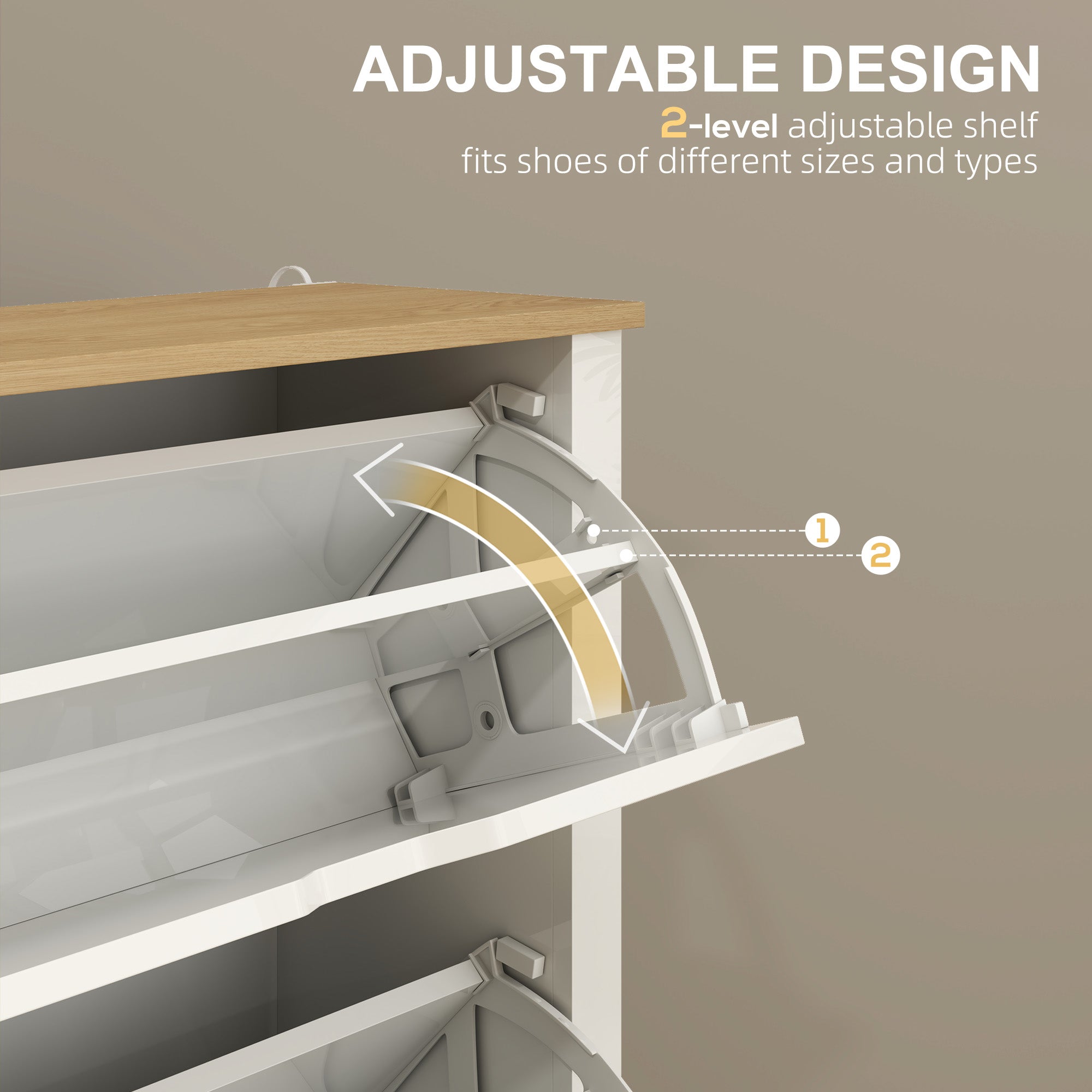 HOMCOM Slim Shoe Cabinet, Narrow Shoe Cupboard with 2 Flip Drawers, Adjustable Shelves for 12 Pairs of Shoes, High Gloss White