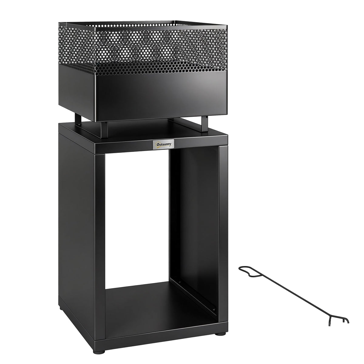 Outsunny Outdoor Fire Pit with Wood Storage Wood Burning Firepit with Mesh Sides 87 cm Black