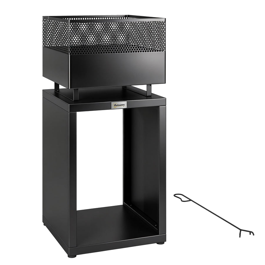 Outsunny Outdoor Fire Pit with Wood Storage Wood Burning Firepit with Mesh Sides 87 cm Black