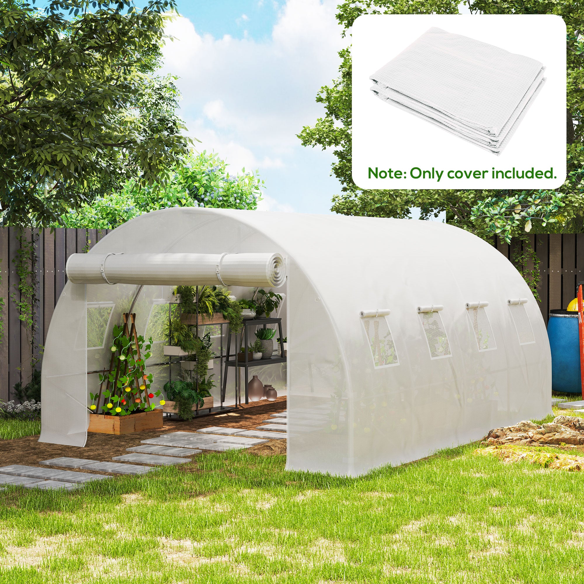Outsunny 4 x 3 x 2m Greenhouse Replacement Cover ONLY Winter Garden Plant PE Cover for Tunnel Walk-in Greenhouse with Roll-up Windows Door Outdoor, White
