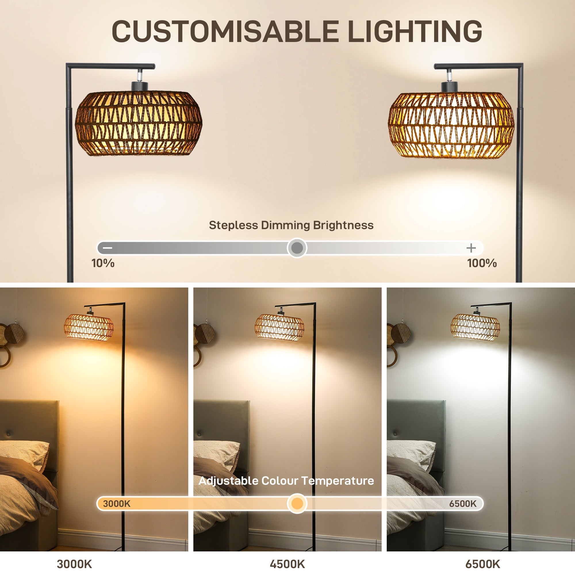 HOMCOM Boho Dimmable Floor Lamp - Black