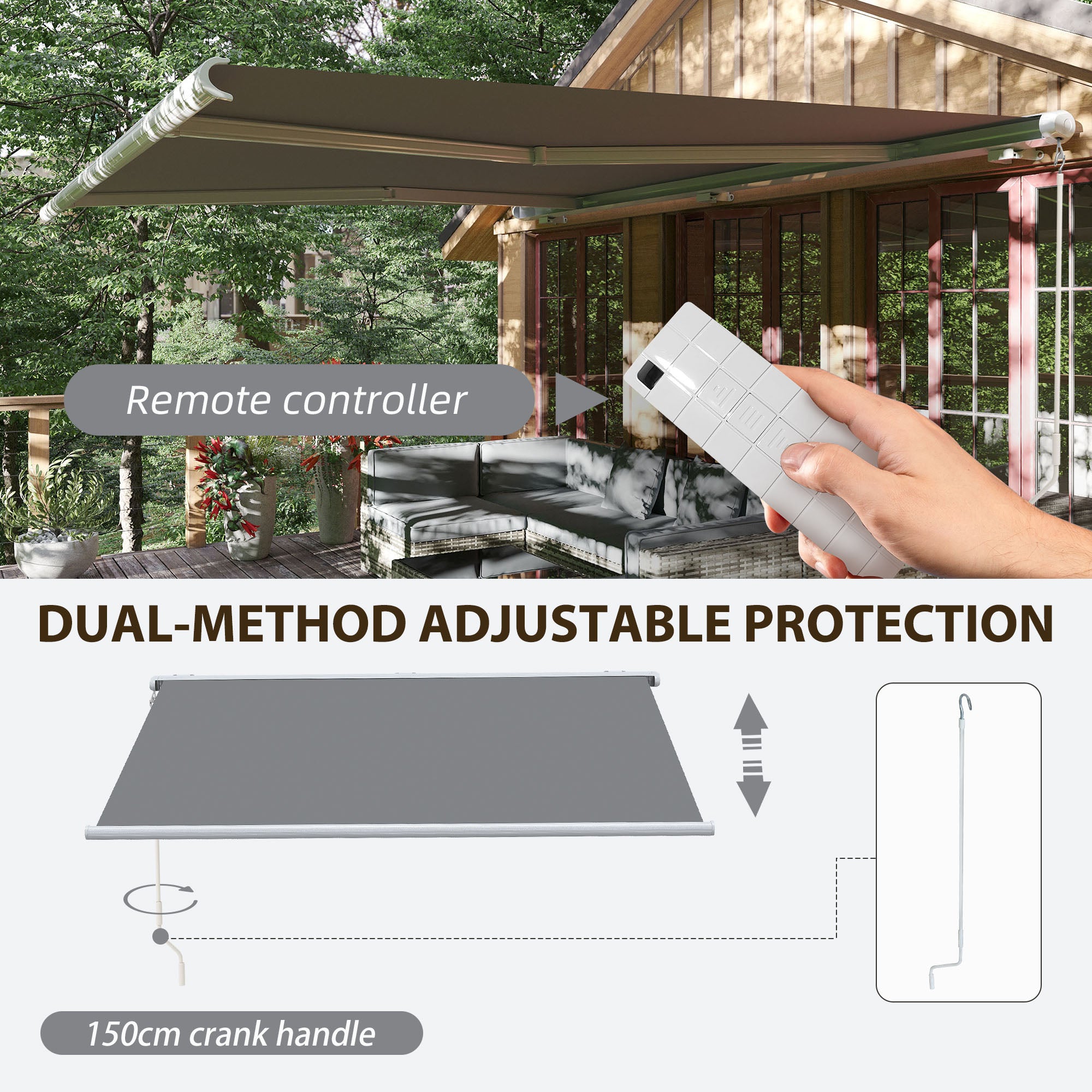 Outsunny 4x3m Full Cassette Electric/Manual Retractable Awning with Remote Controller, Sun Canopies for Patio Door Window with Remote Controller, Grey
