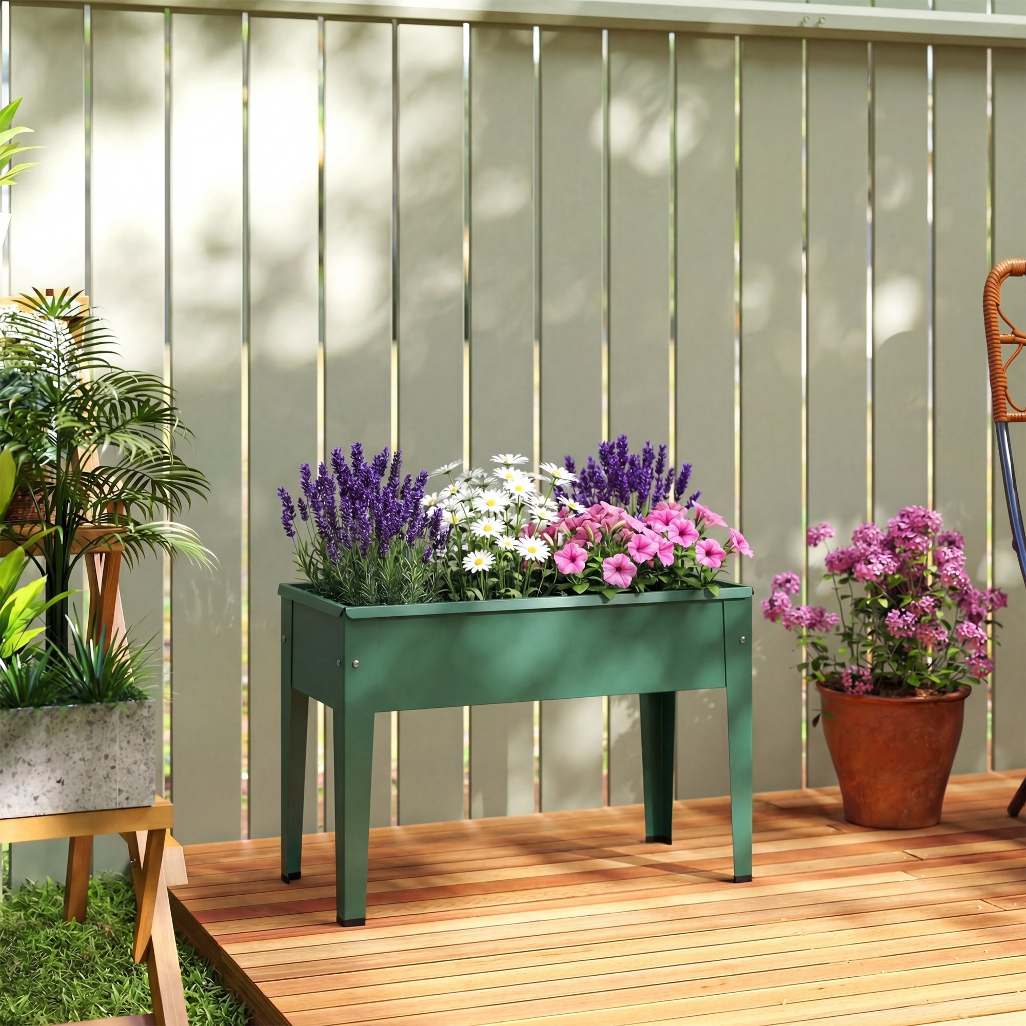 Outsunny Raised Planter, Metal Raised Garden Bed on Legs with Drainage Hole and Foot Covers, Green