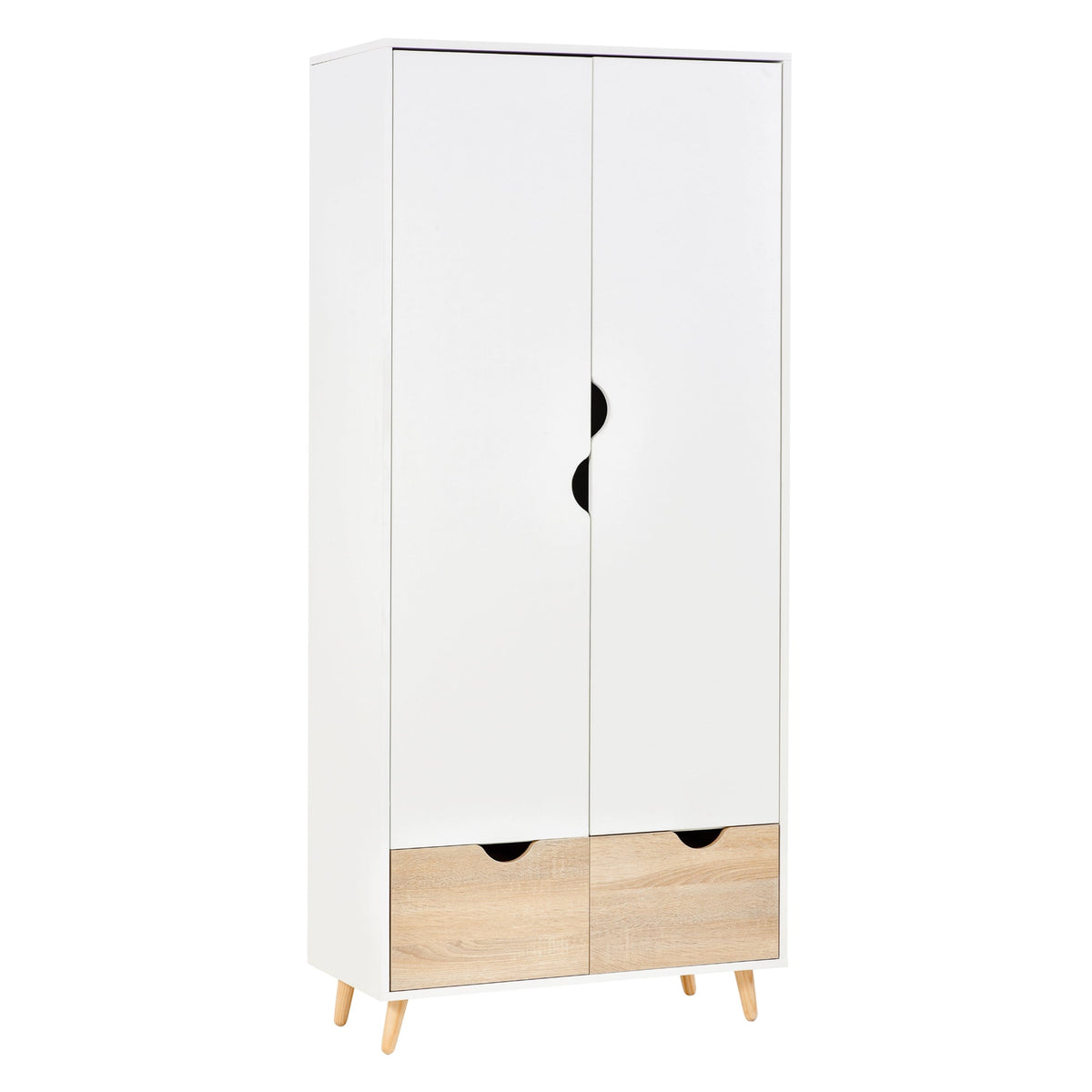 HOMCOM 2-Door Clothes Wardrobe w/ Rail Shelf 2 Drawers Wood Feet Elegant Home Storage Organisation Furniture, White