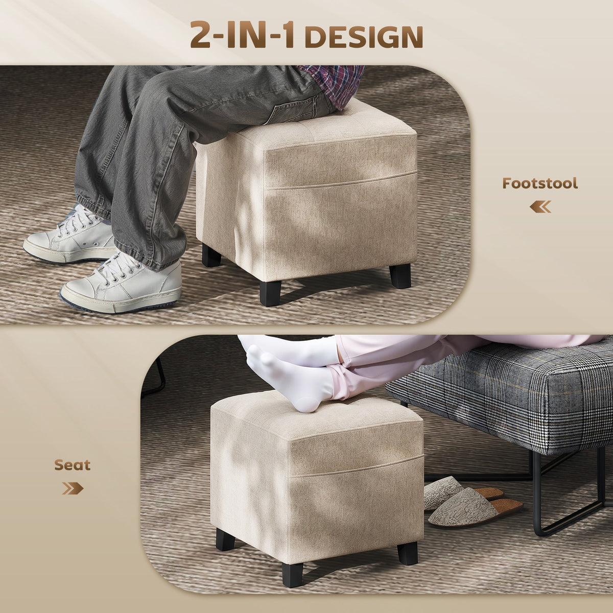 HOMCOM Small Ottoman, Square Footstool with Side Pocket, Rubber Wood Legs and Padded Seat for Living Room, Beige