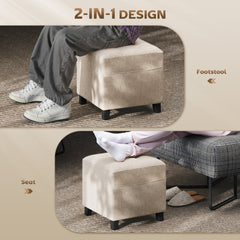 HOMCOM Small Ottoman, Square Footstool with Side Pocket, Rubber Wood Legs and Padded Seat for Living Room, Beige