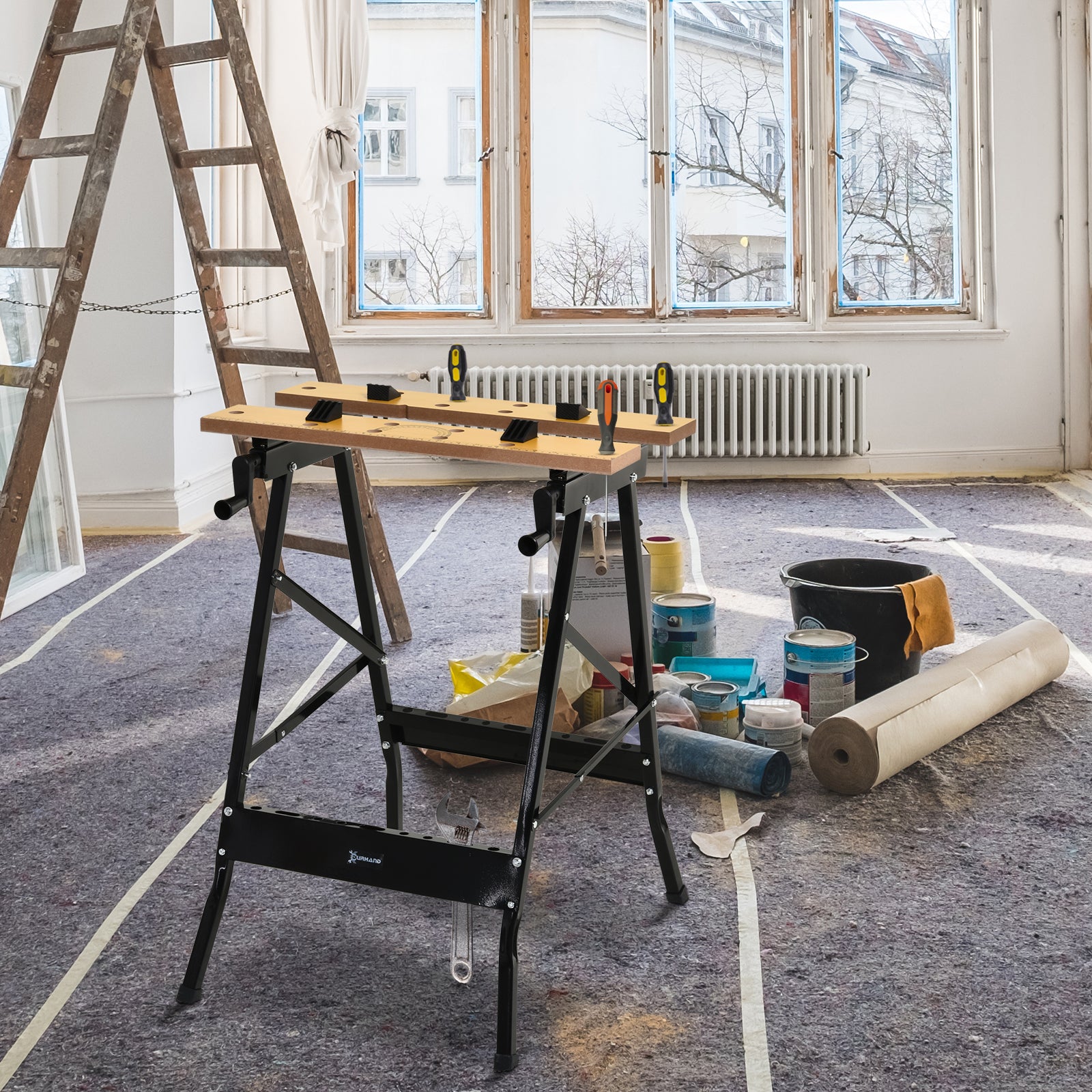 DURHAND 4-in-1 Work Bench, Folding Clamp Table w/ 4 Adjustable Clamping Pegs for DIY Home Garage, Black