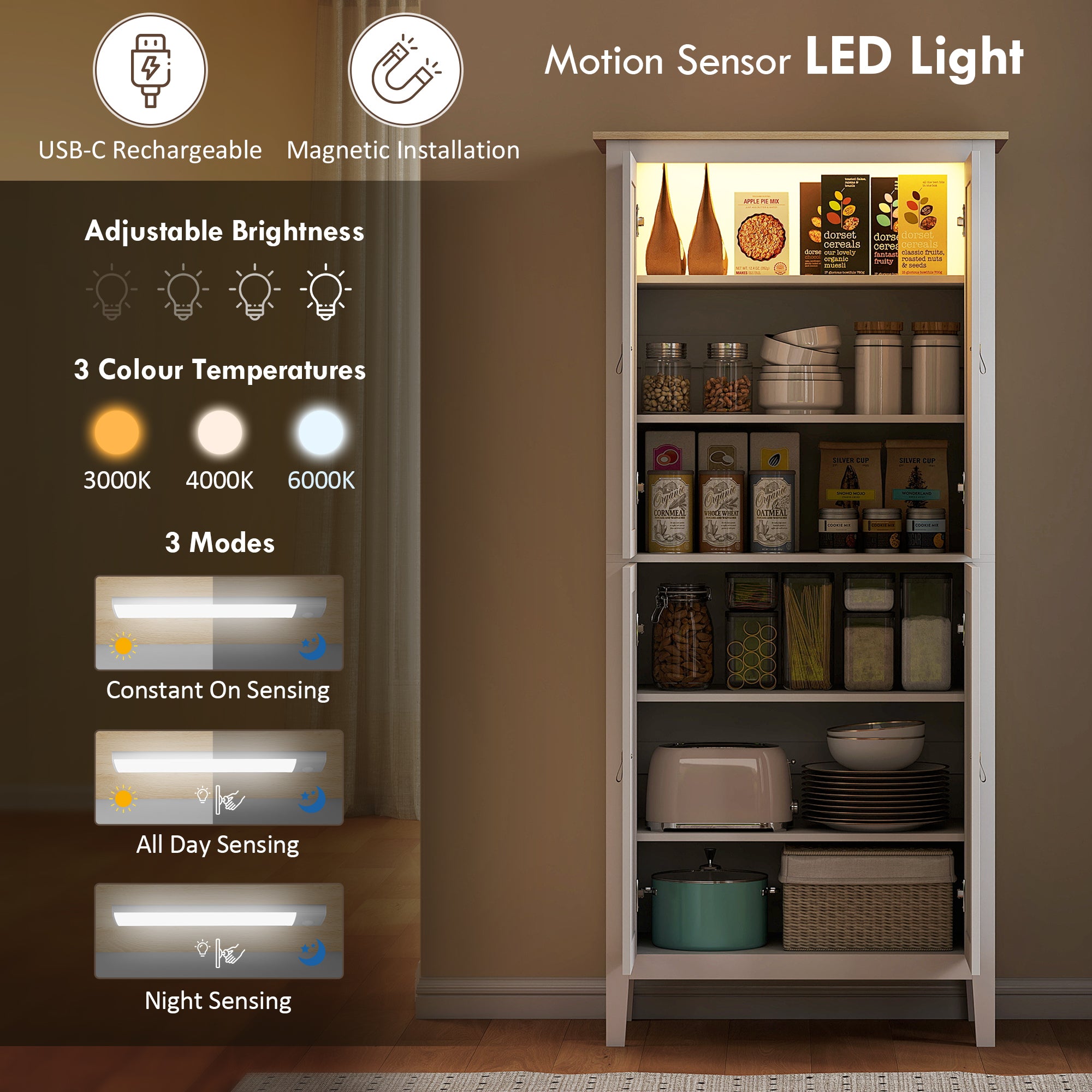 HOMCOM 176.5 cm Tall Pantry Cupboard with Motion Sensor LED Light - White