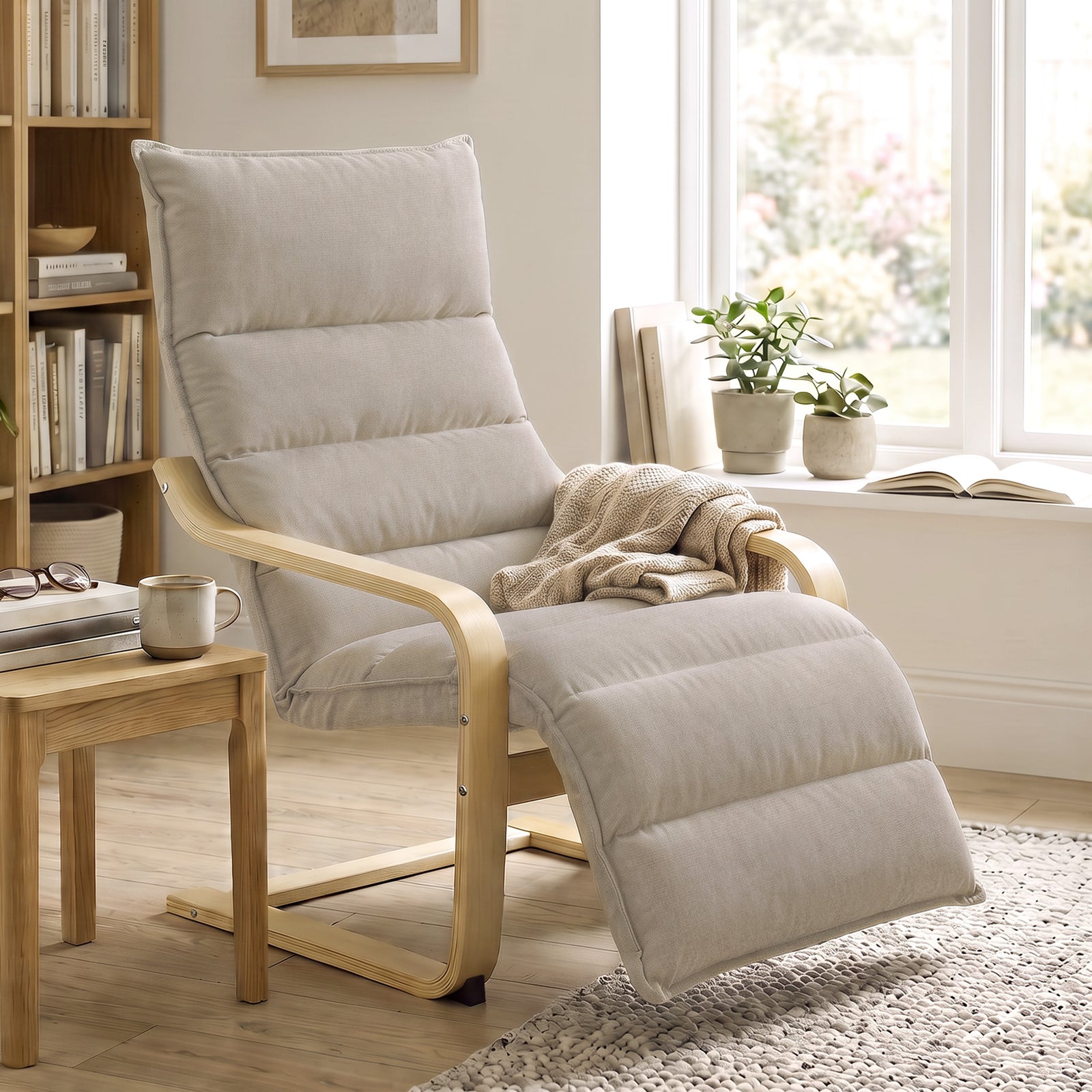 HOMCOM Curved Wooden Accent Chair, Armchair with Adjustable Footrest, Light Brown