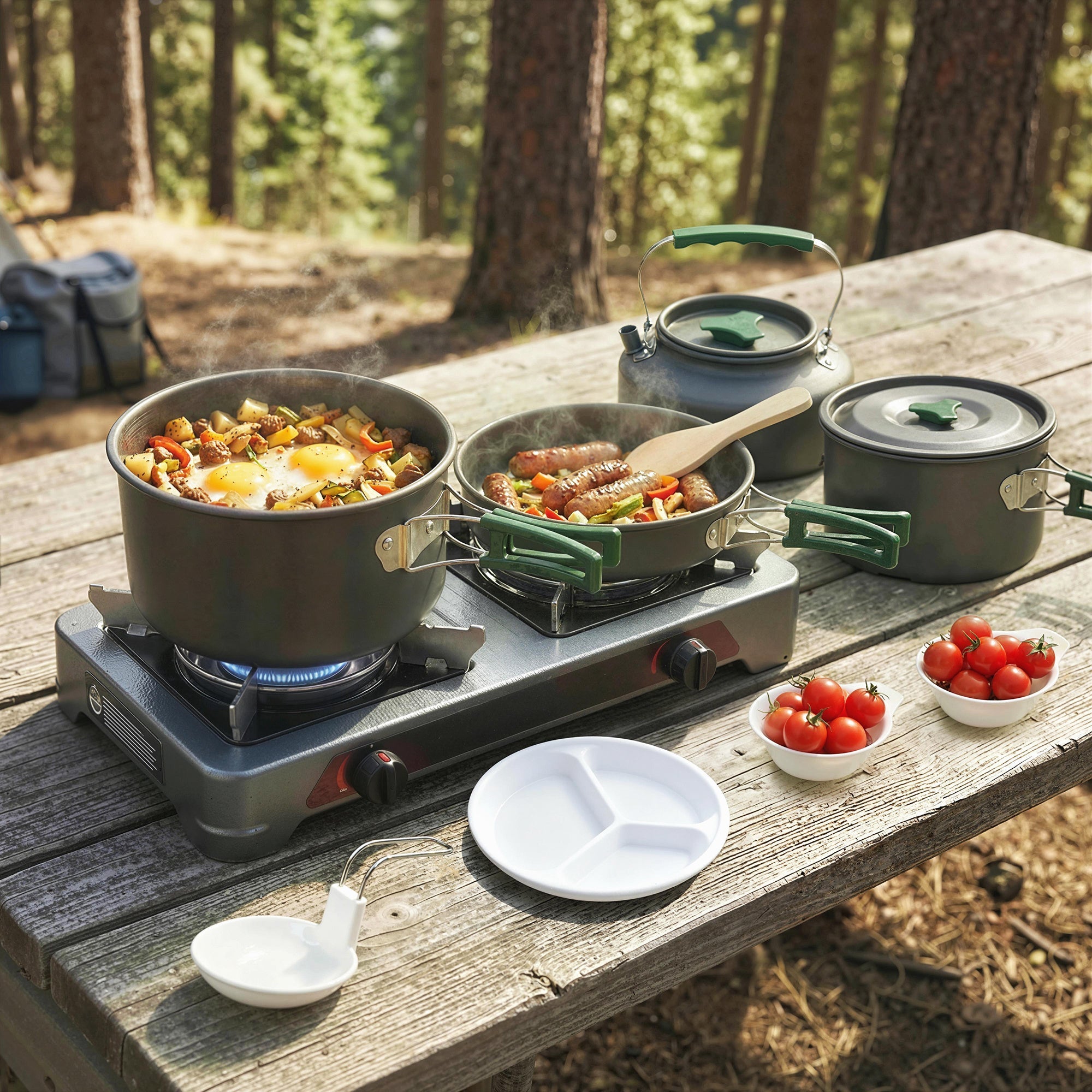 Outsunny Camping Cookware Set for 4-5 People, Lightweight Aluminium Camping Cooking Kit with Anti-Scald Handles, Grey