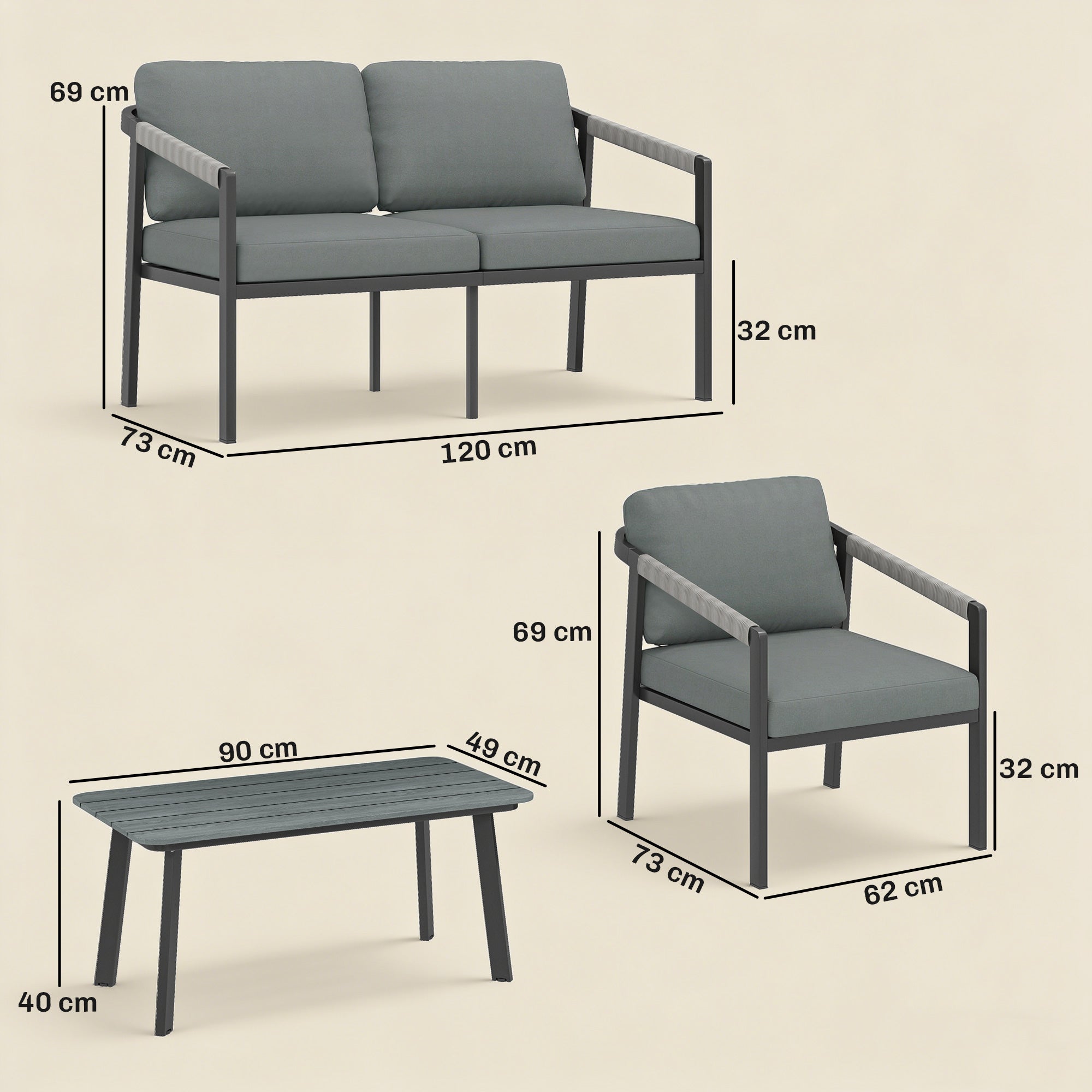 Outsunny Aluminium Garden Furniture Set, 4 Seater Outdoor Patio Furniture with Loveseat, 2 Armchairs, Slatted Table