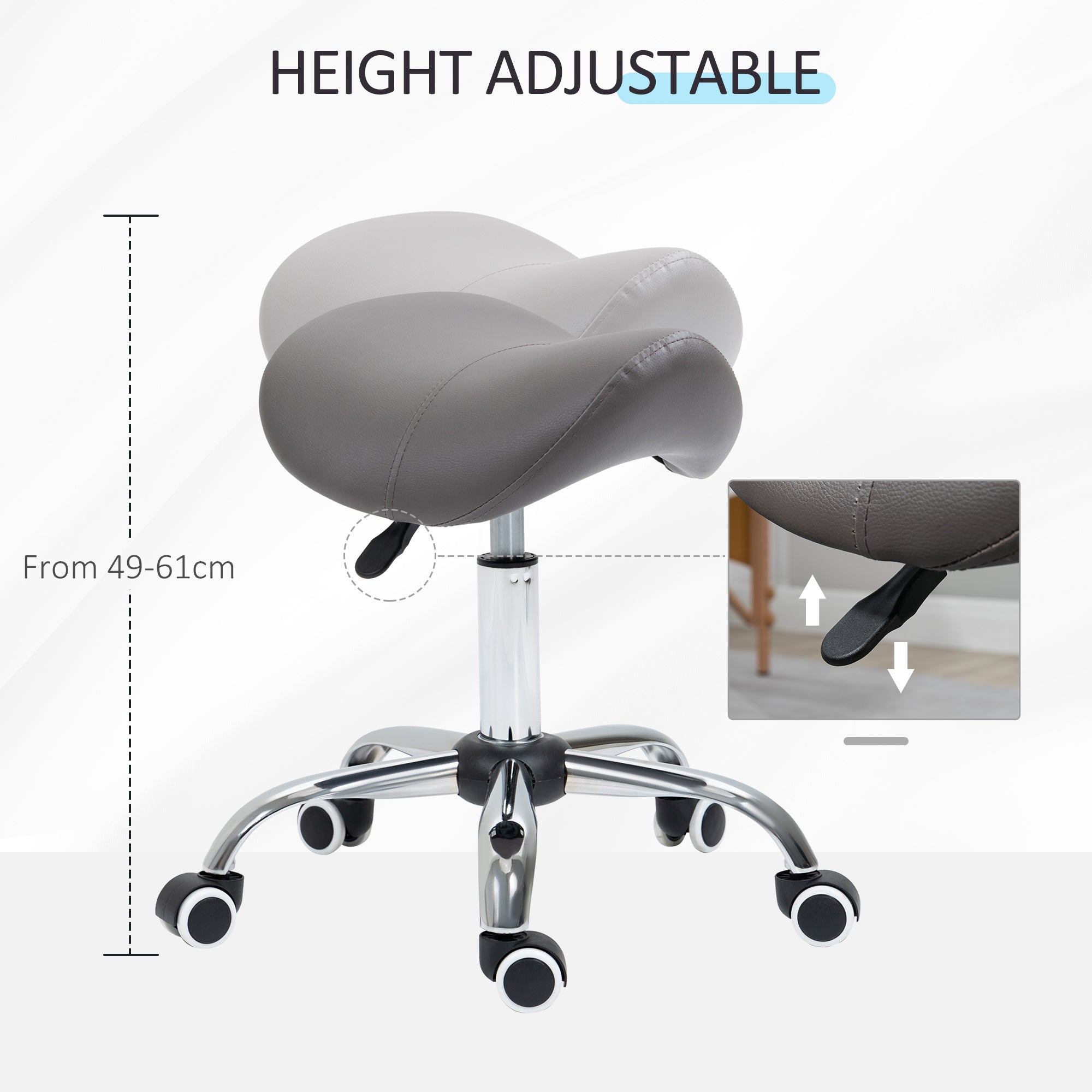 HOMCOM Cosmetic Stool 360√Ç¬∞ Rotate Height Adjustable Salon Massage Spa Chair Hydraulic Rolling Faux Leather Saddle Stool, Grey