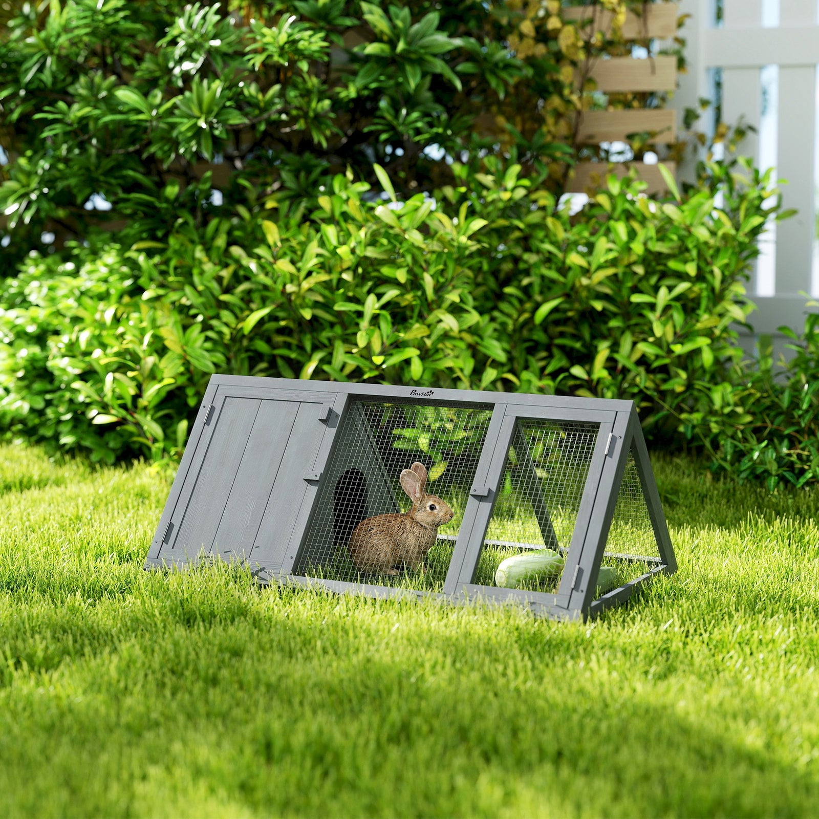 PawHut Rabbit Hutch, Wooden Guinea Pig Hutch with Run and Doors, Outdoor Triangle Bunny House for Rabbits,Duck and Chicken