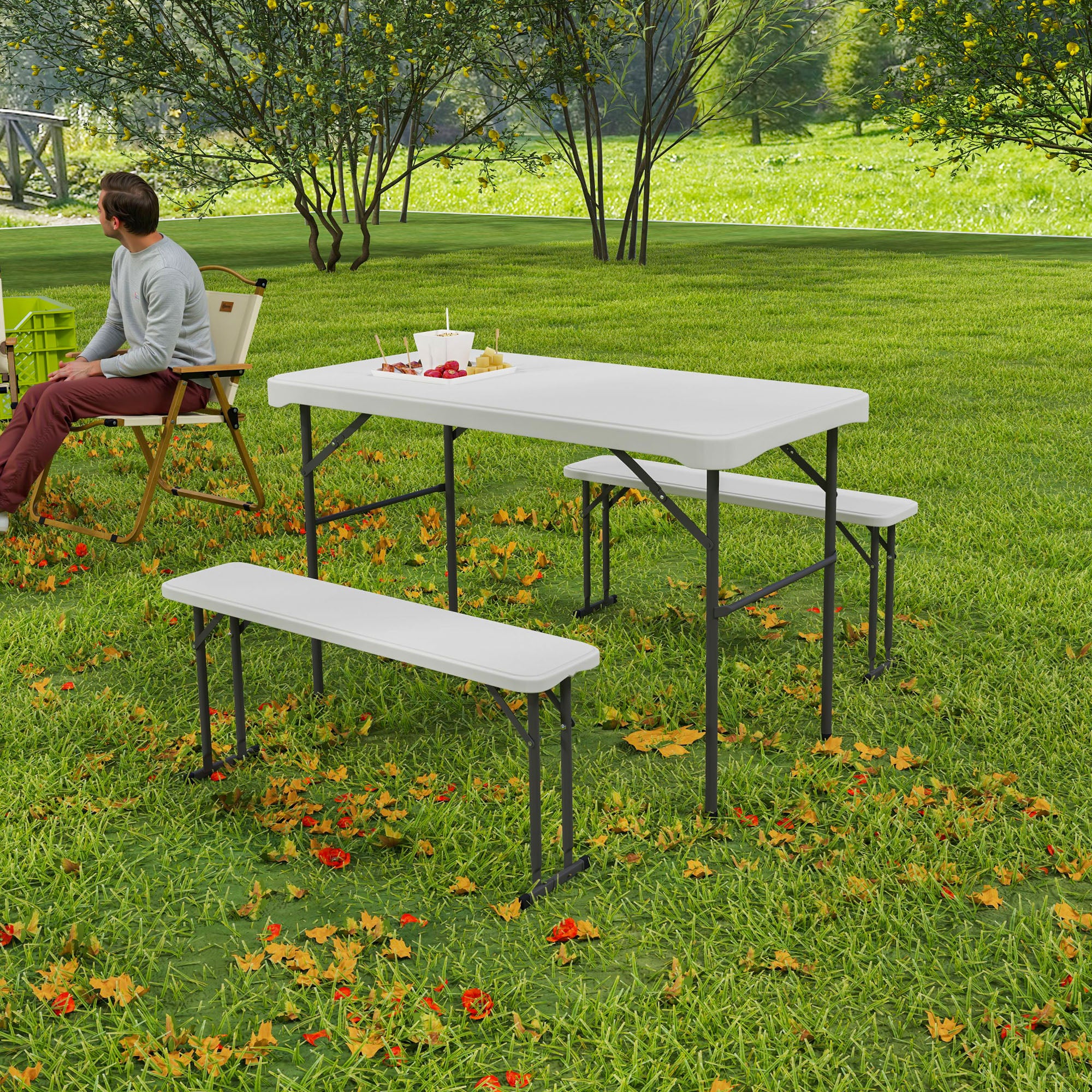 Outsunny Three-Piece Folding Picnic Table and Bench Set - Light Grey