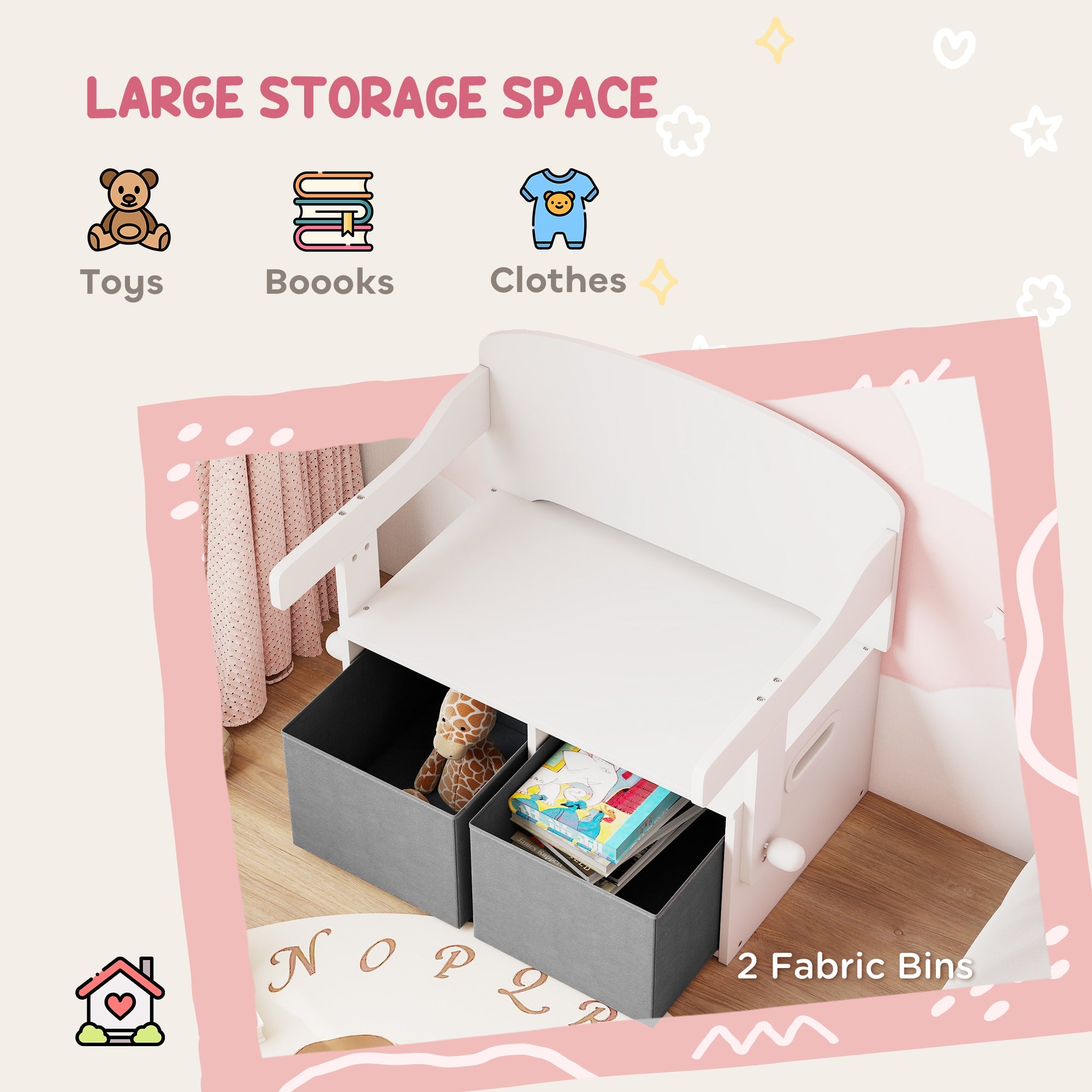 AIYAPLAY 3 in 1 Kids Storage Bench, Convertible Children Table and Chair Set with 2 Fabric Bins, Toy Storage Box, White