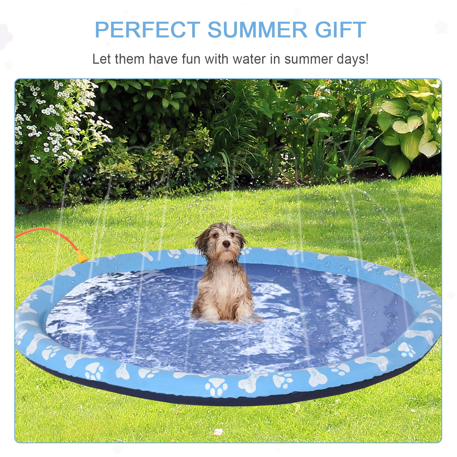 PawHut Dog Splash Pad, Pet Sprinkler Mat, Non-Slip Dog Paddling Pool, Foldable Outdoor Sprinkler and Splash Mat Water Play for Garden, Patio, Summer Fun, 170 cm