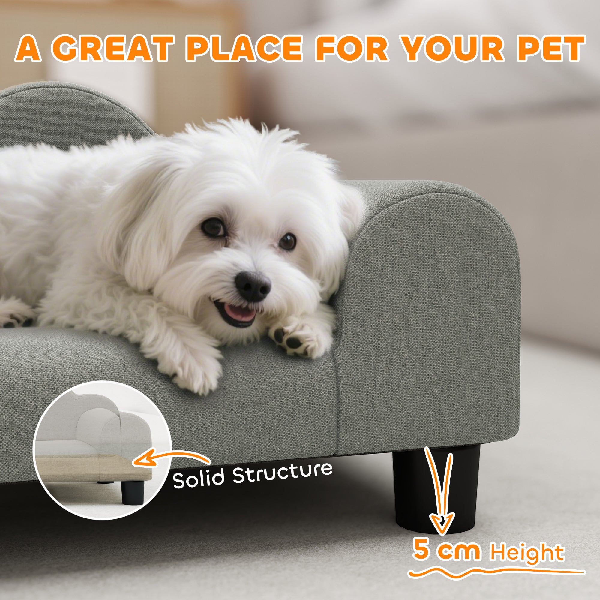 PawHut Elevated Dog Sofa Bed, Breathable Pet Sofa with Backrest and Armrest for Small Dogs, Grey