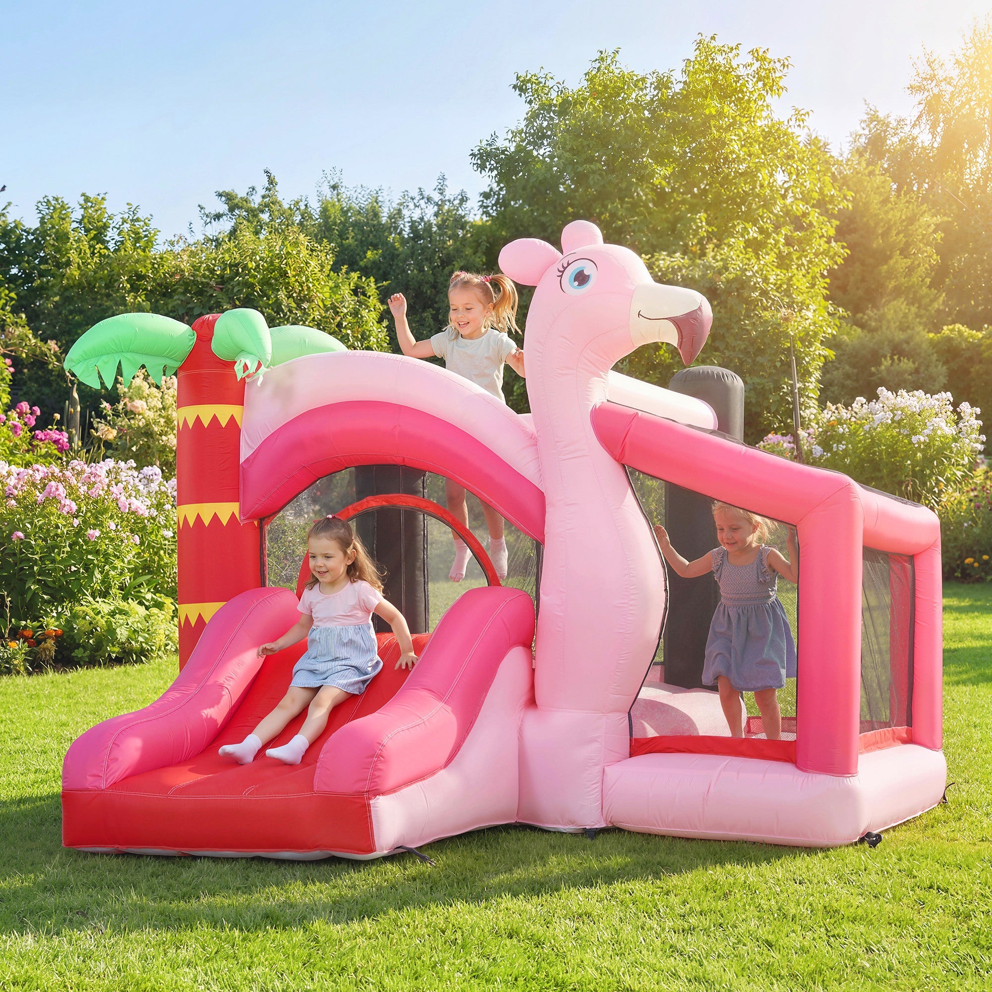 AIYAPLAY Inflatable Bounce House for Kids with Slide, Ball Pit, Basketball Hoop and Blower for Indoor Outdoor Garden, Pink