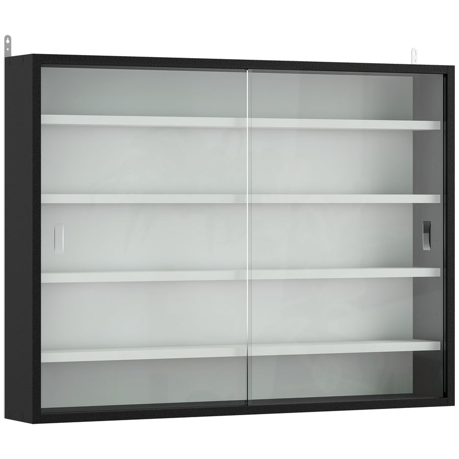 HOMCOM 5-Tier Wall Display Cabinet,  Wall Mounted Display Case w/ 4 Adjustable Shelves, Glass Doors, 60x80cm, Black and White