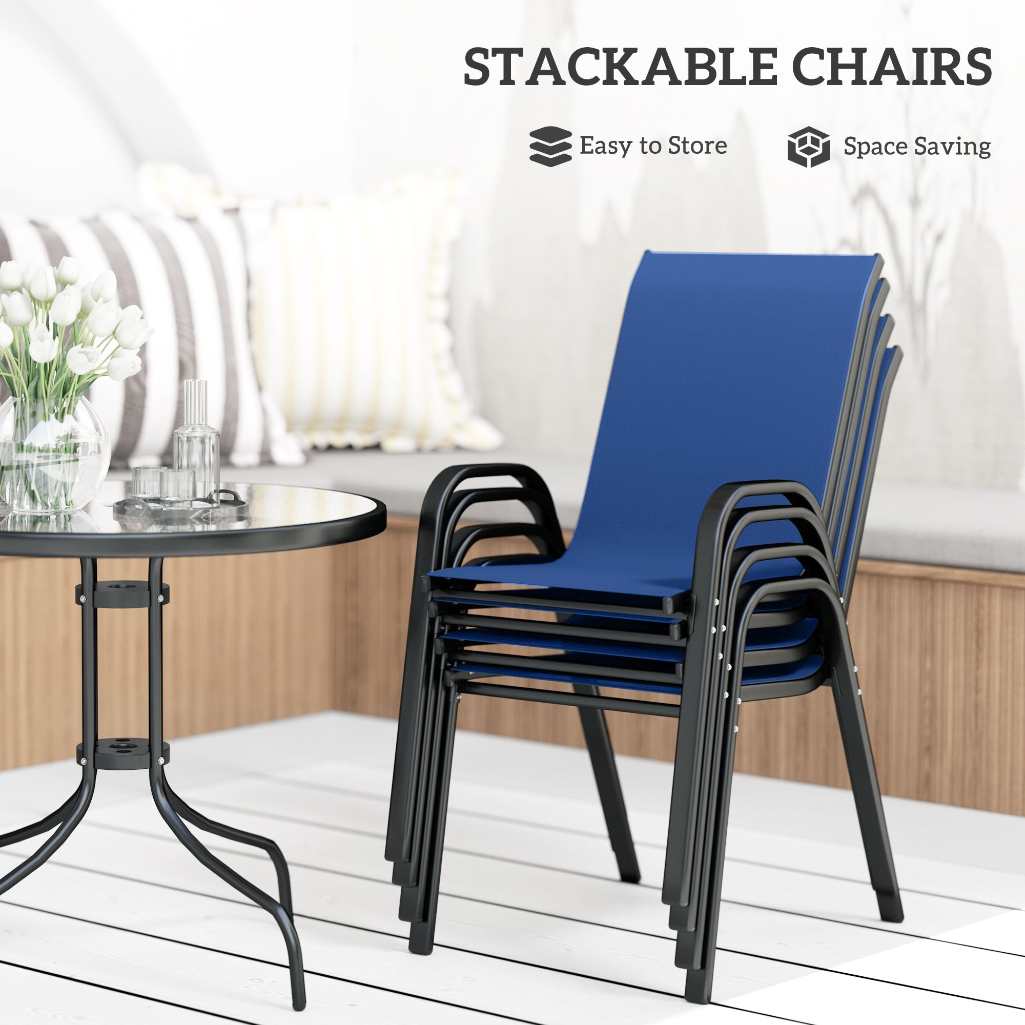 Outsunny Five-Piece Steel Patio Set, with Glass-Top Table - Dark Blue