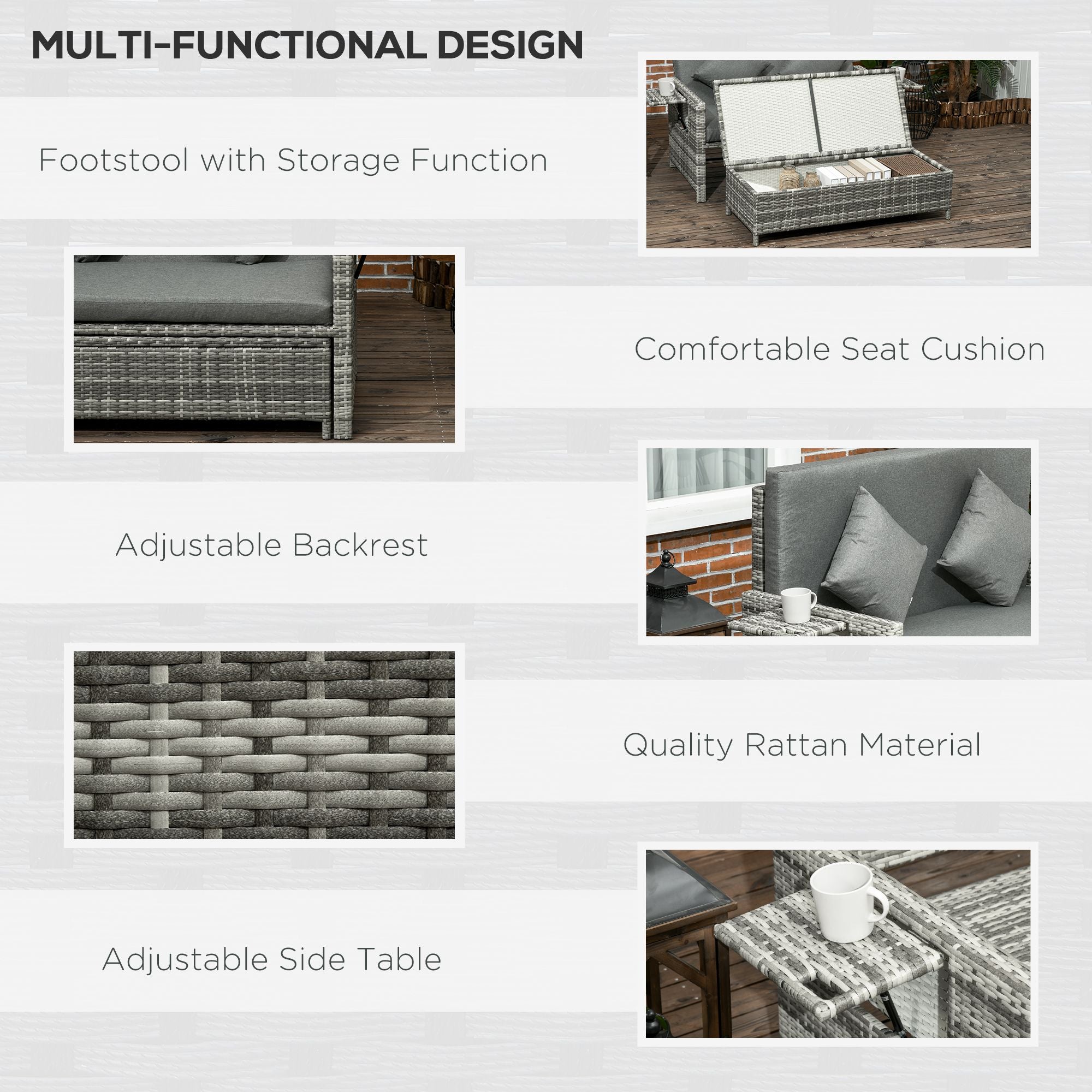 Outsunny Rattan Garden Daybed, Assembled Double Sun Lounger with 5-Level Adjustable Back, Storage Ottoman, Cushions, Pillows and Retractable Trays, Outdoor Loveseat Sofa Bed for Patio, Mixed Grey