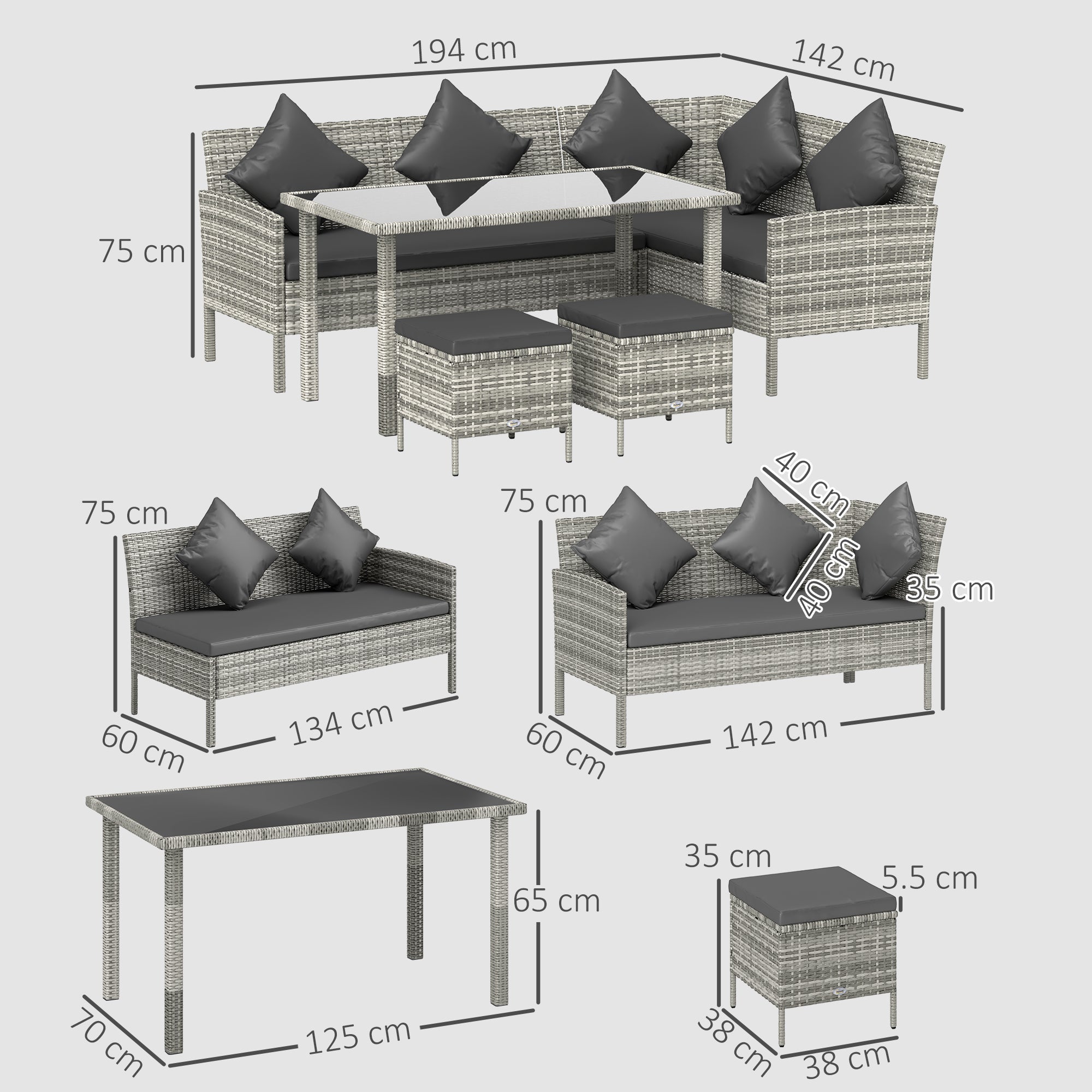 Outsunny tsunny 6-Seater Rattan Dining Set Sofa Table Footstool Outdoor w/ Cushion Garden Furniture, Dark Grey