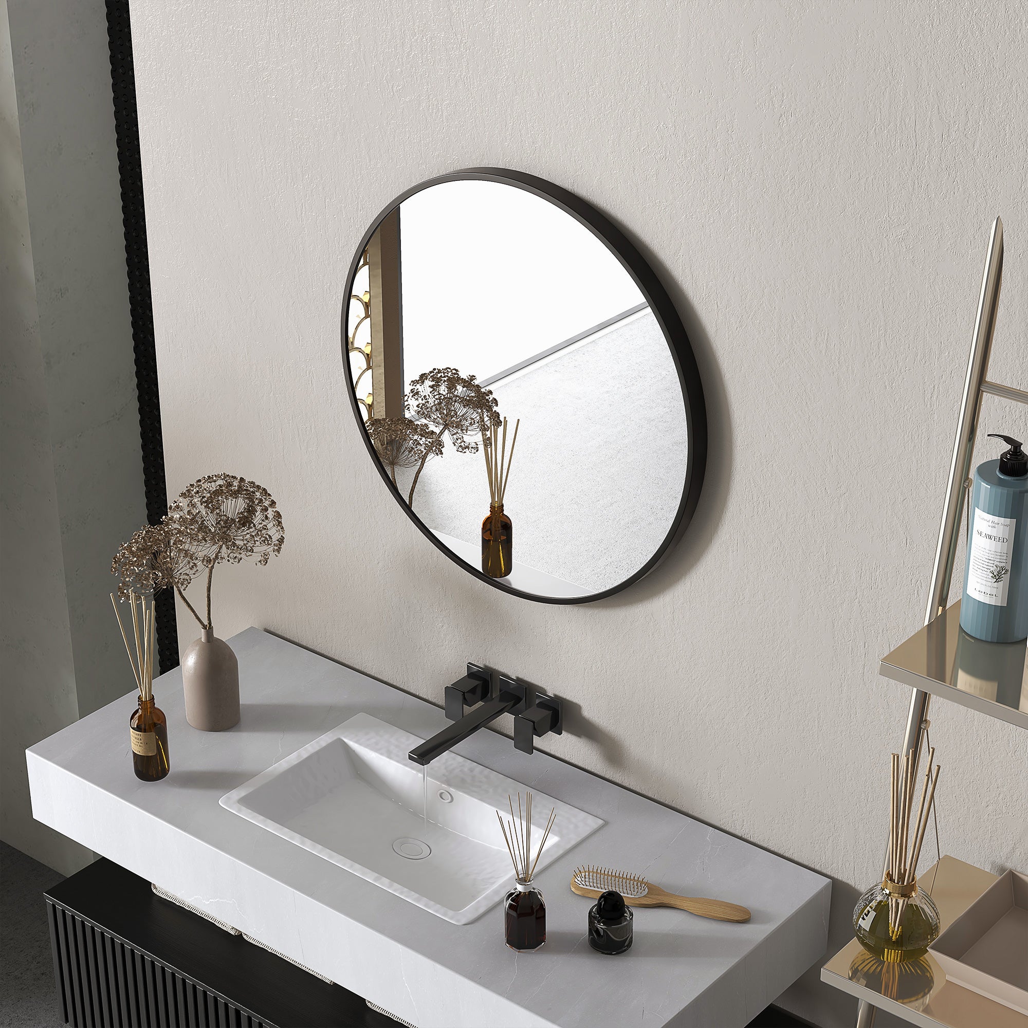 HOMCOM 70cm Aluminium Frame Round Bathroom Mirror - Black
