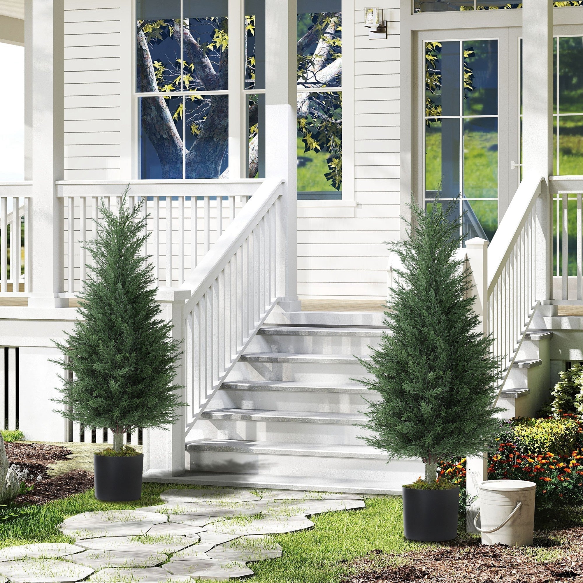 HOMCOM Artificial Plants Outdoor, 90 cm Fake Cypress Tree with Plastic Pots, UV-Resistant Faux Plants for Garden Front Porch Decoration, 2 Pack