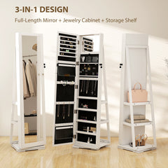 HOMCOM 360 degrees Swivel Jewellery Cabinet, Free Standing Full Length Mirror with Storage, Lockable Jewellery Organiser with Built-in Makeup Mirror and Storage Shelves for Bedroom, White