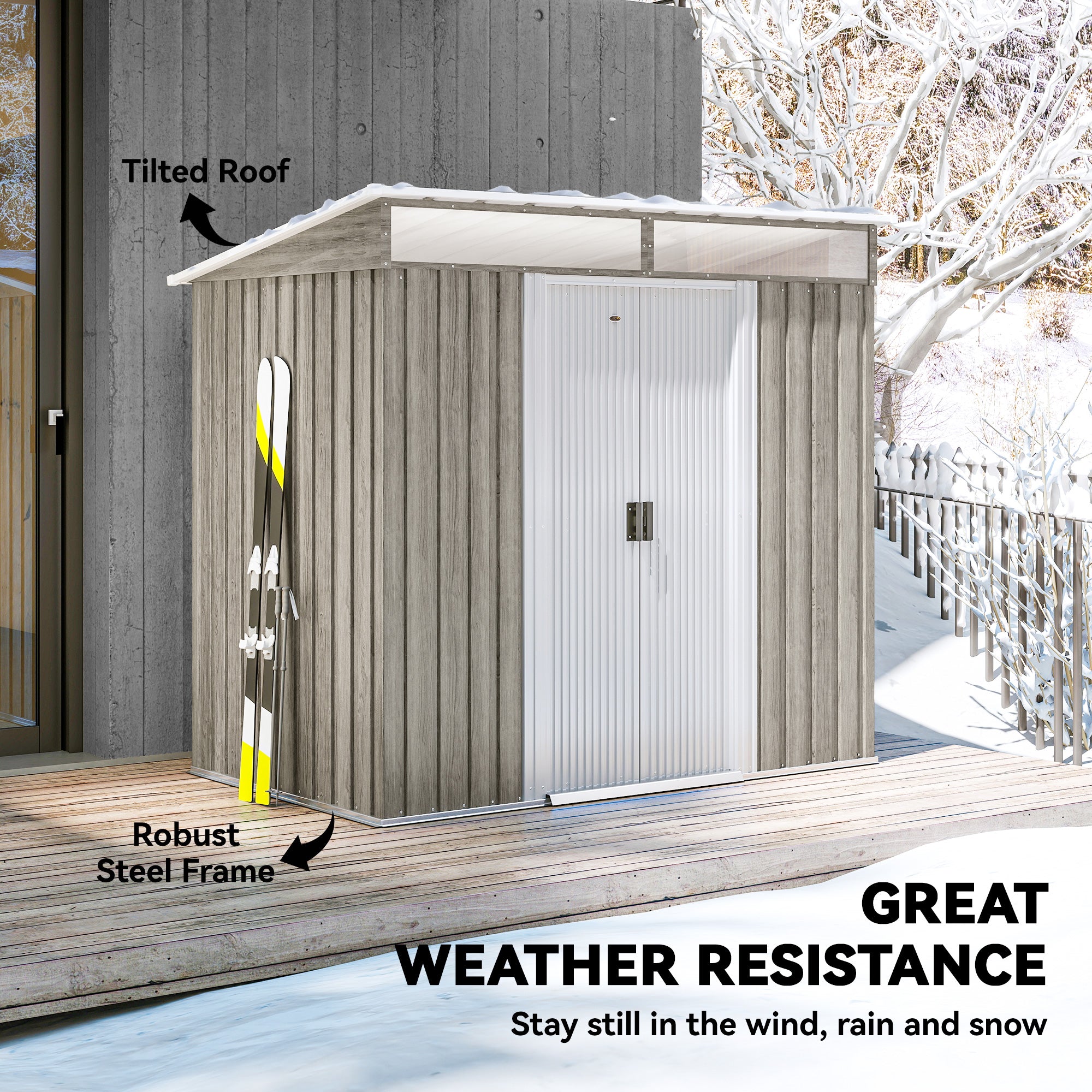 Outsunny 6.5 x 4FT Galvanised Metal Shed with Foundation Kit, Lockable Tool Garden Shed with Double Sliding Doors, Vents, Light Grey Wood Effect