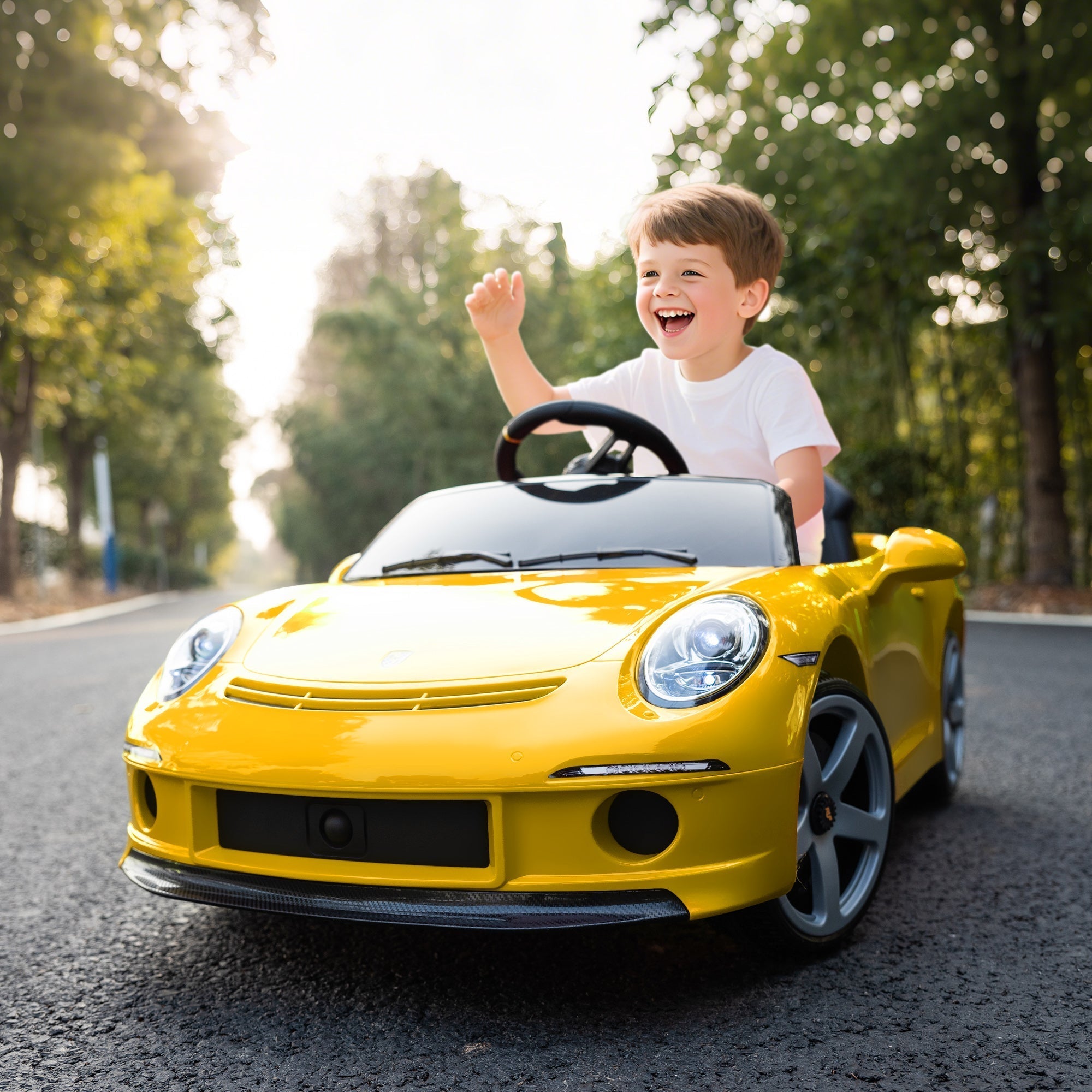 AIYAPLAY Kids Electric Car, 12V Licensed RUF GT Ride on Car with Suspension, Remote Control, Music for 3-5 Years Yellow