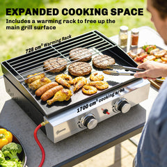 Outsunny 2 Burner Grill Griddle, Portable Gas Plancha with Warming Rack, 5 kW, Tabletop Gas BBQ with Grease Cup, Black