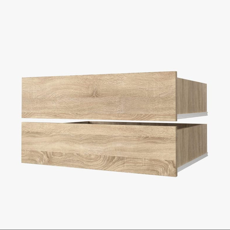 A modern floating two-drawer cabinet with a light oak wood grain finish, shown from a three-quarters perspective against a plain white background.