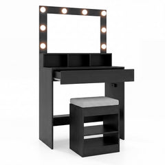 Makeup Vanity Desk Set with Mirror and Lights and Stool 3-Color LED-Black