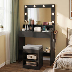 Makeup Vanity Desk Set with Mirror and Lights and Stool 3-Color LED-Black
