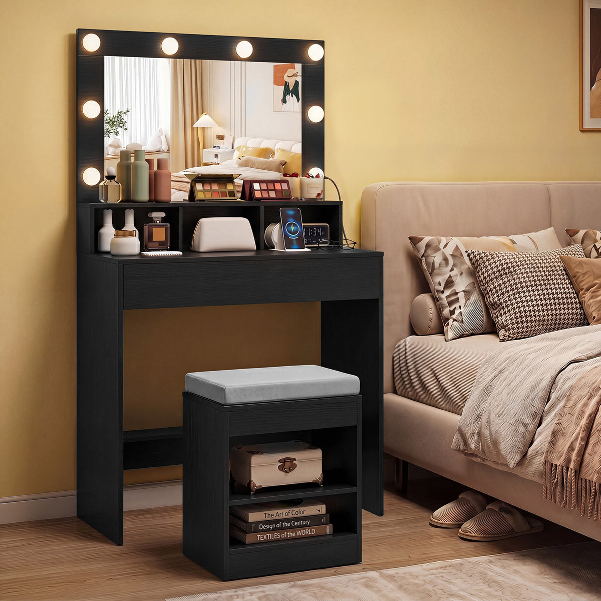 Makeup Vanity Desk Set with Mirror and Lights and Stool 3-Color LED-Black