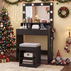 Makeup Vanity Desk Set with Mirror and Lights and Stool 3-Color LED-Black