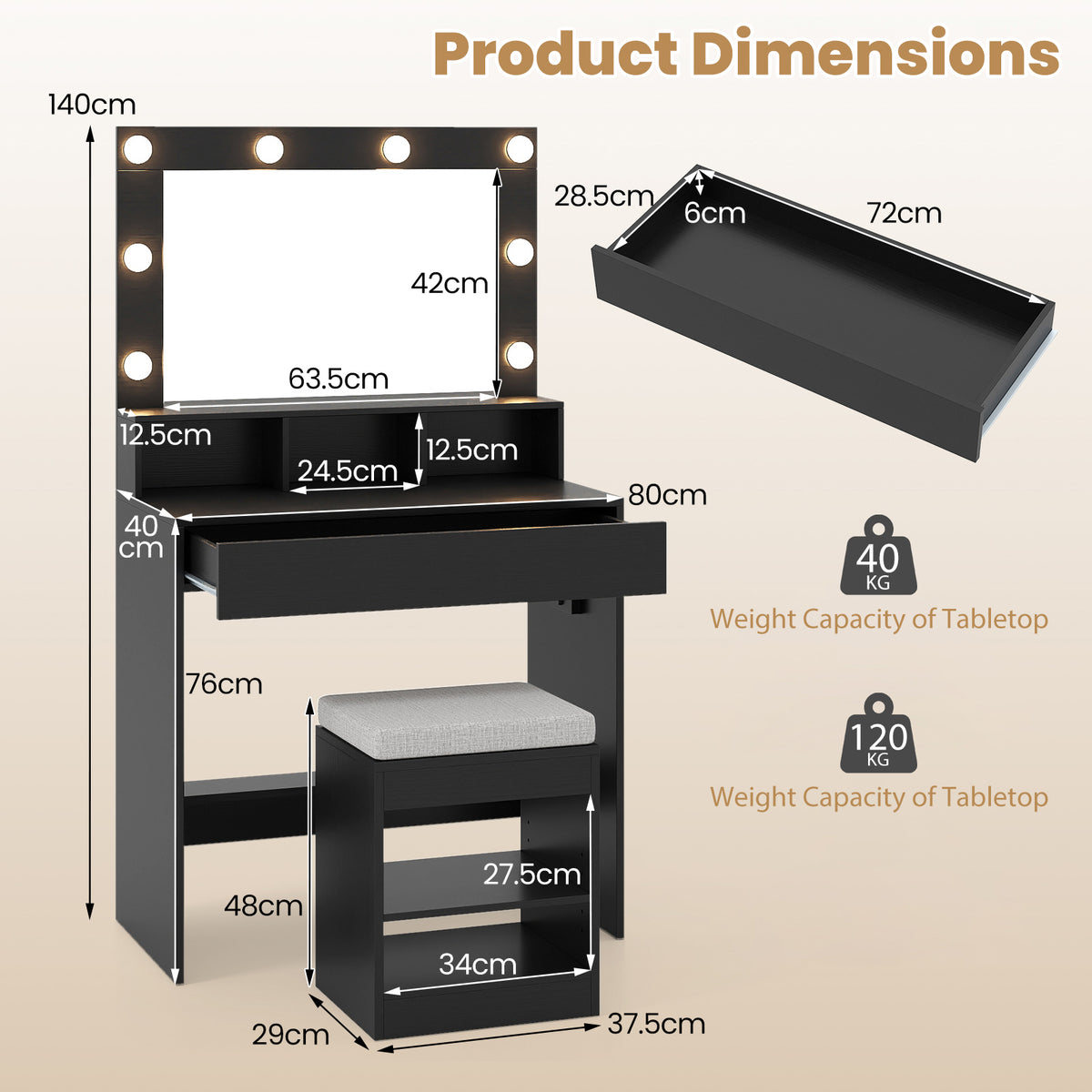 Makeup Vanity Desk Set with Mirror and Lights and Stool 3-Color LED-Black